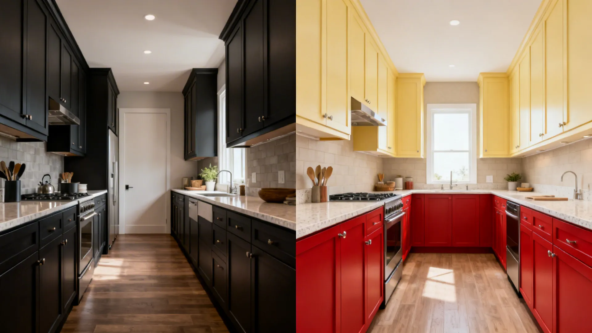 Before-and-after galley kitchen showing heavy dark cabinets vs. red lowers and yellow uppers.