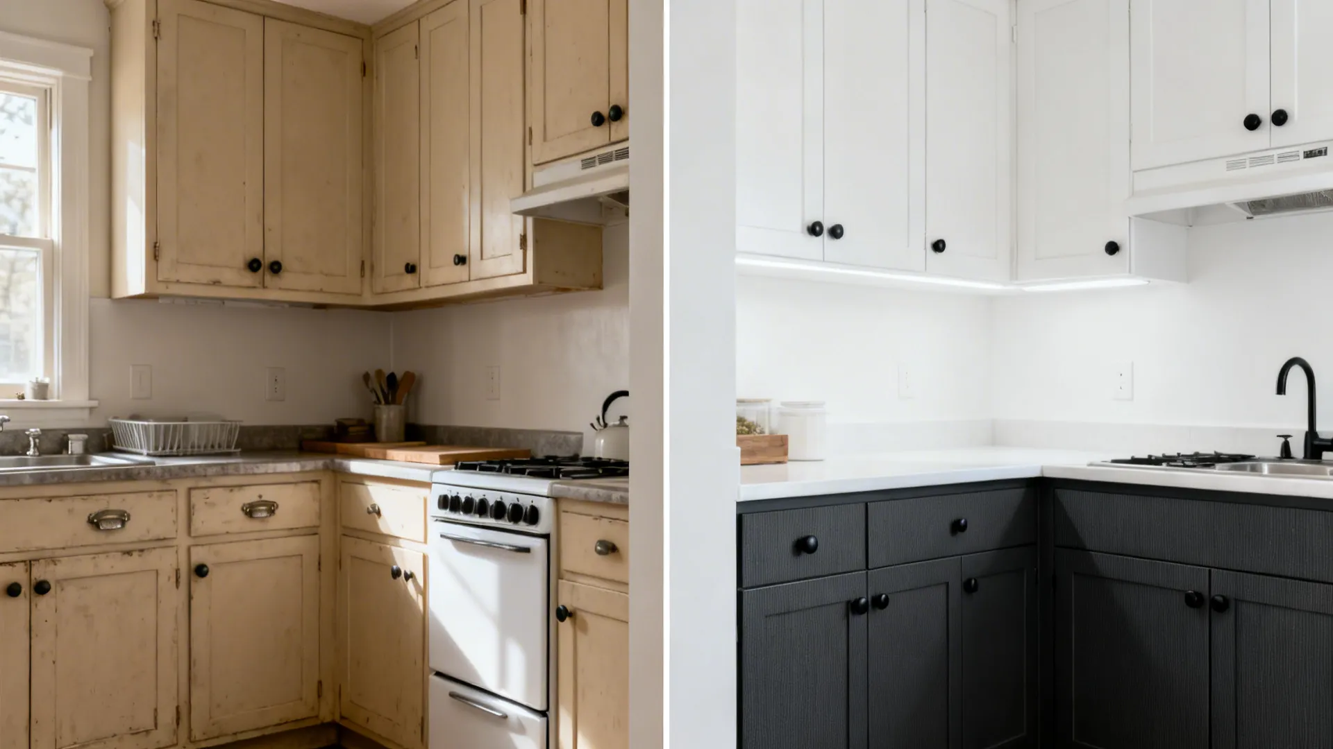 Before-and-after showing switch to white uppers and charcoal lowers in a small kitchen.