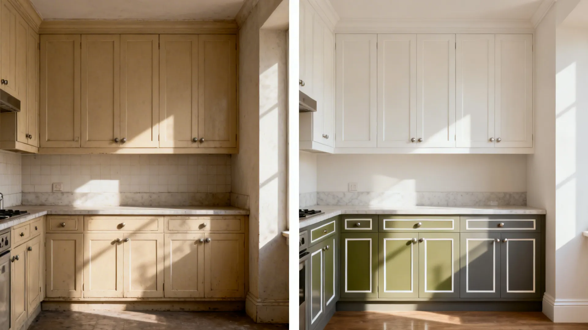 Before-and-after showing dull single-color cabinets versus bright two-tone uppers and lowers.