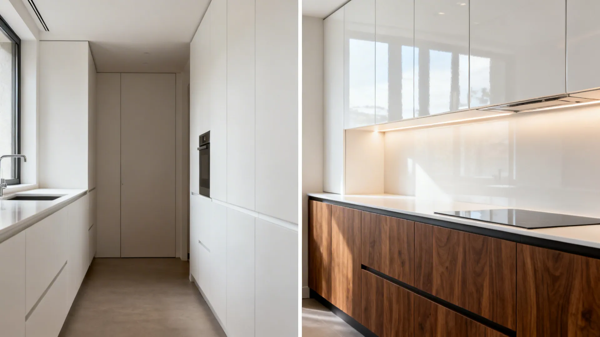 Before-and-after of a narrow kitchen from matte all-white to gloss uppers and wood lowers.
