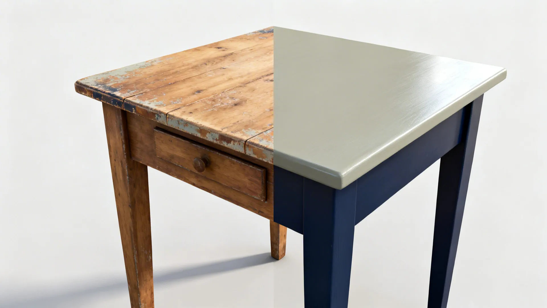 Before-and-after of a small kitchen table transformed with a navy base and pale top.