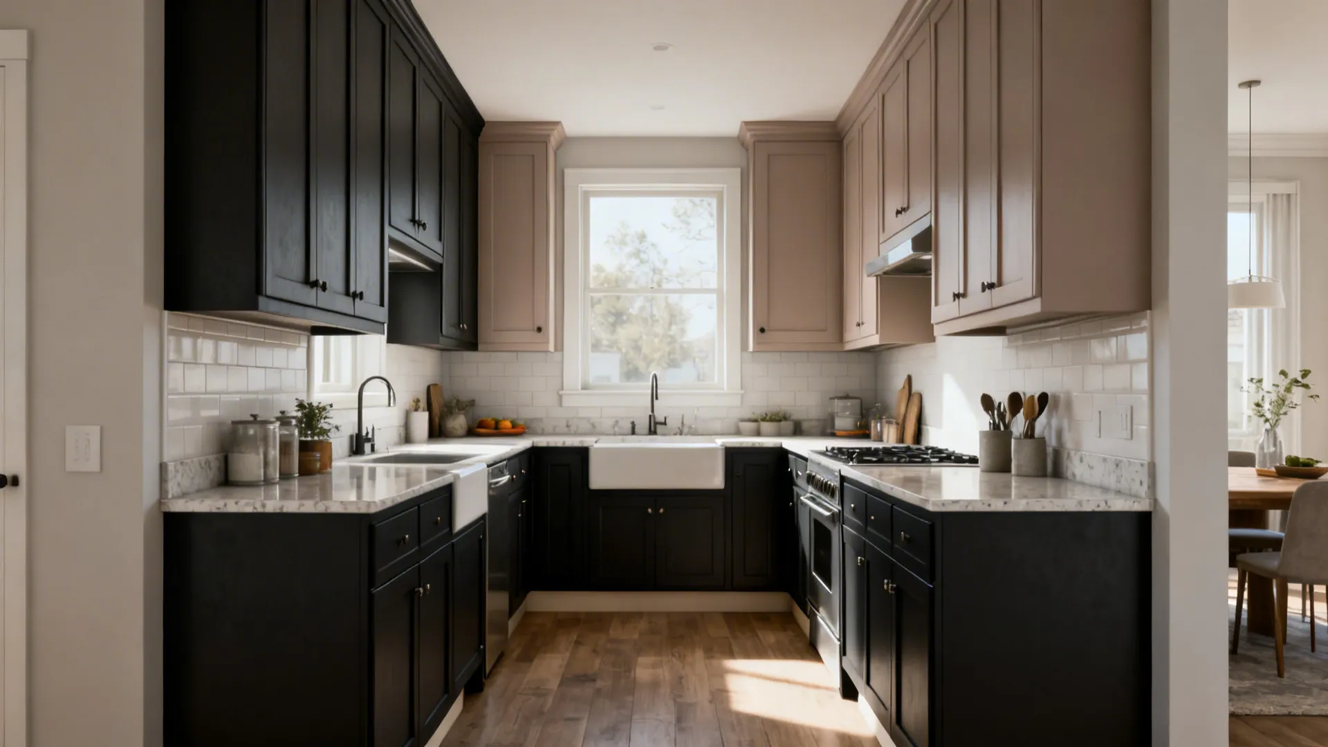 Before-and-after showing two-tone cabinets with darker bases and lighter uppers in a small kitchen.