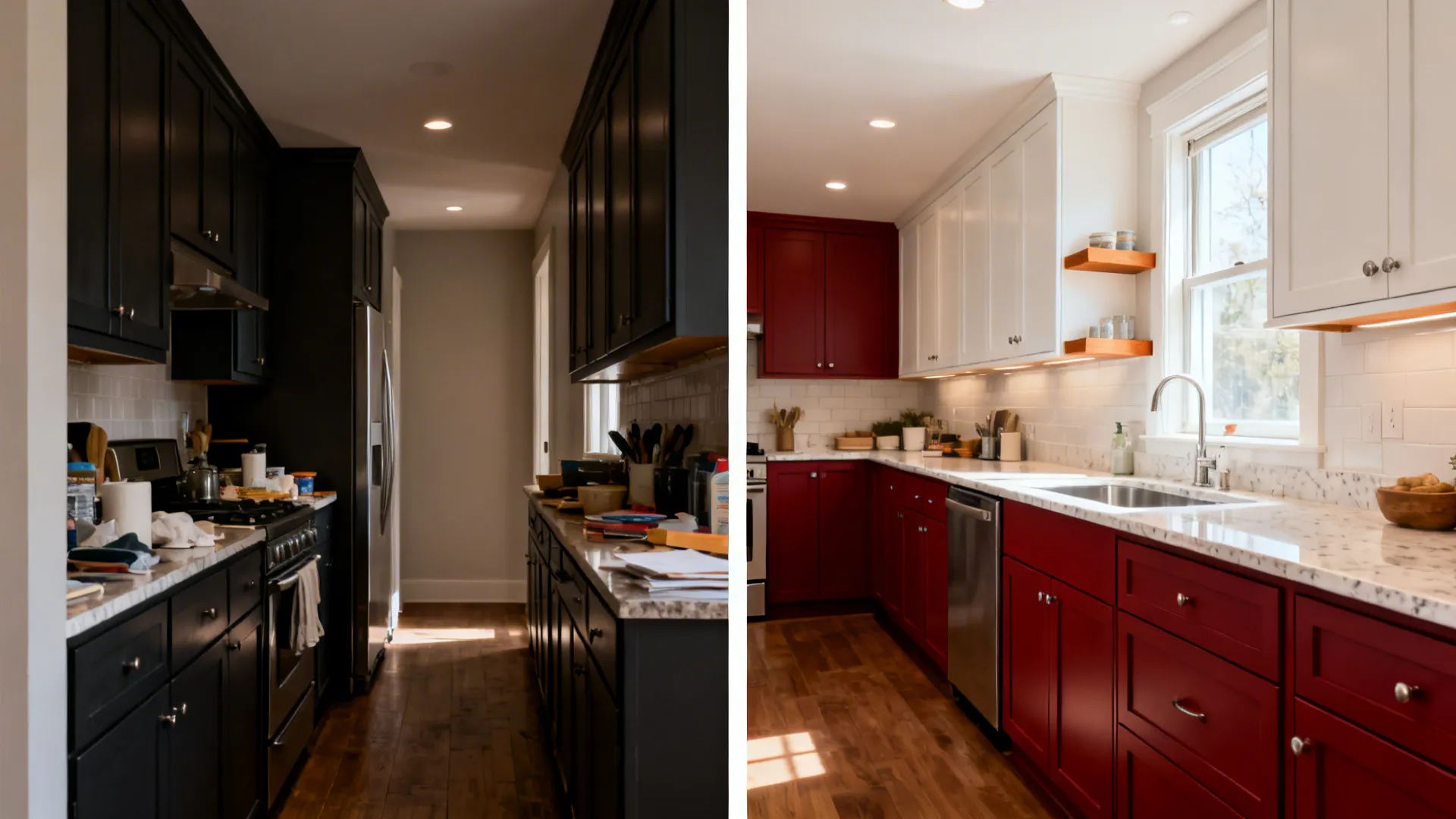 Split view of kitchen before and after: dark cluttered space versus bright two-tone red and white design
