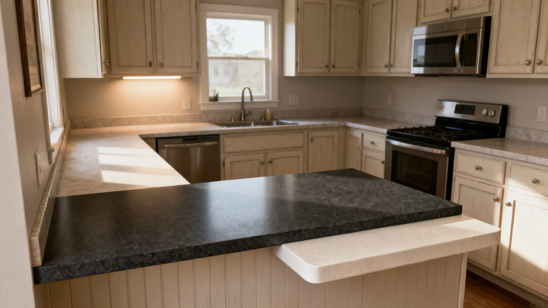 Before single-slab and after two-tone double slab comparison in a compact kitchen.