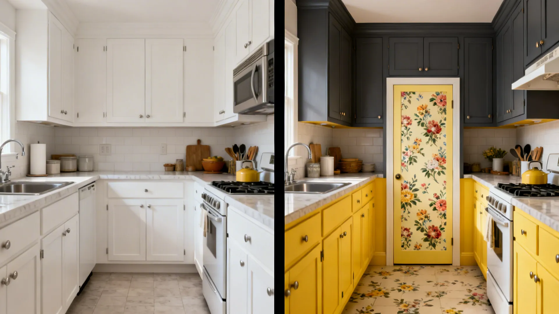 Two-Tone Cabinets with Floral Accents
