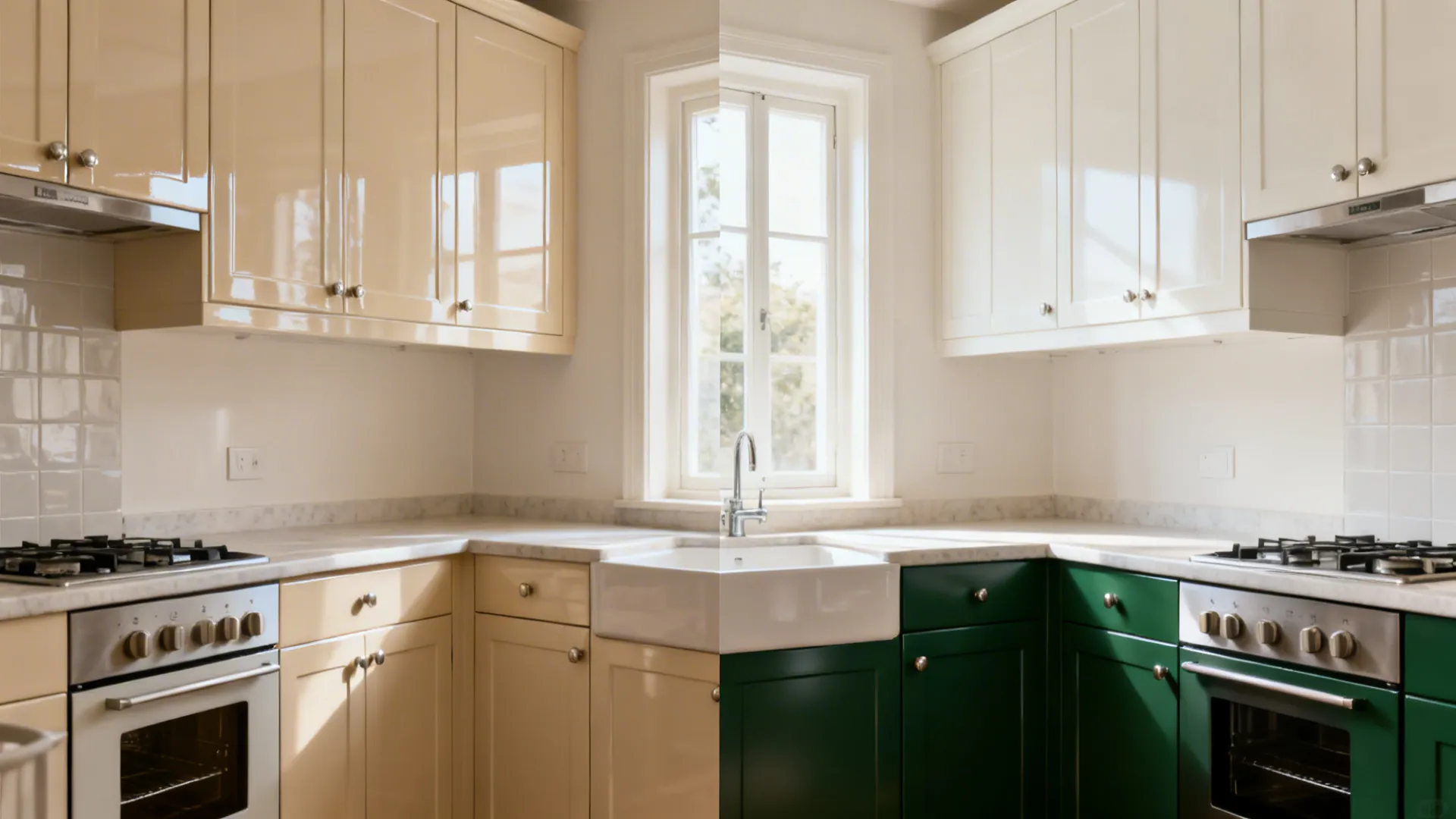 Before and after of a compact kitchen upgrading to off-white uppers and deep green lowers.