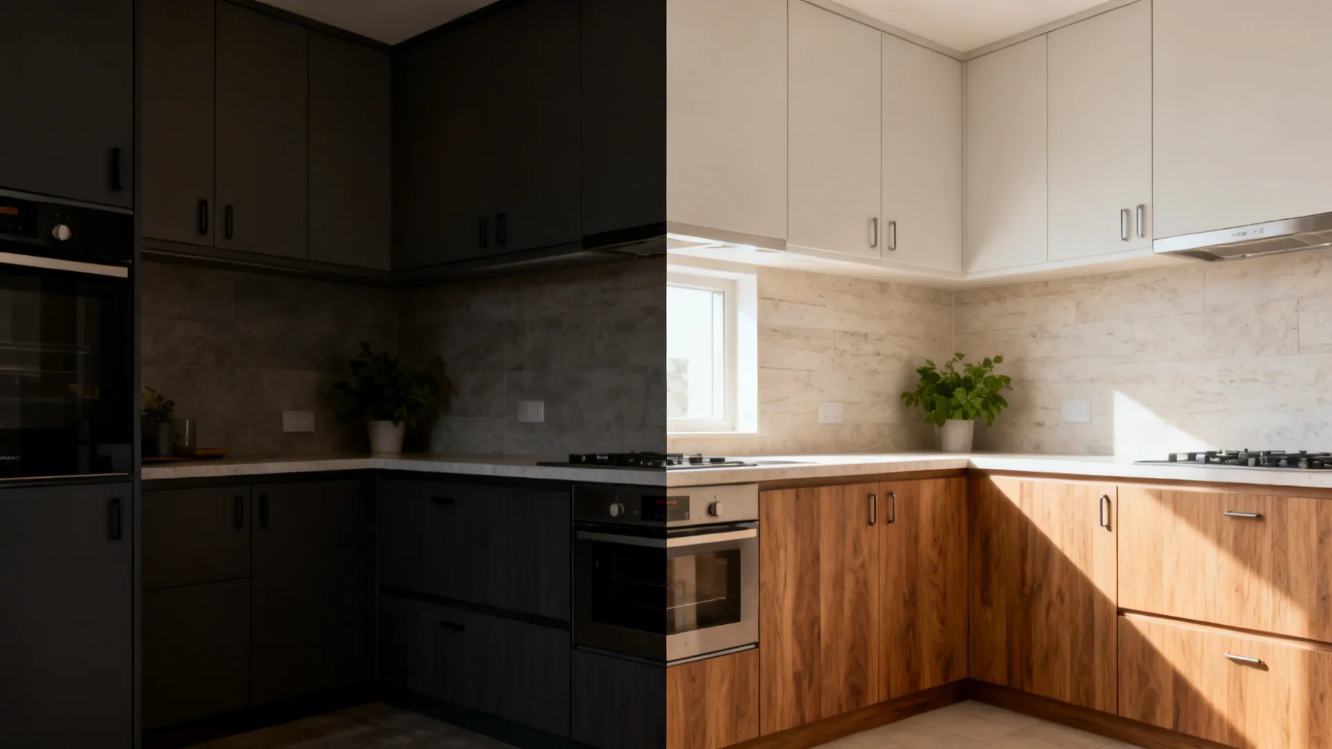 Two-tone color scheme: light uppers, warm wood-look lowers