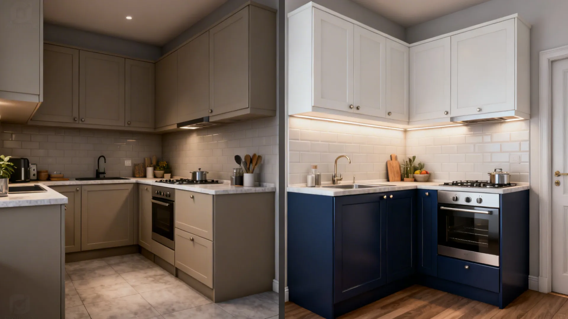 Split view showing monotone kitchen before and two-tone navy and white after