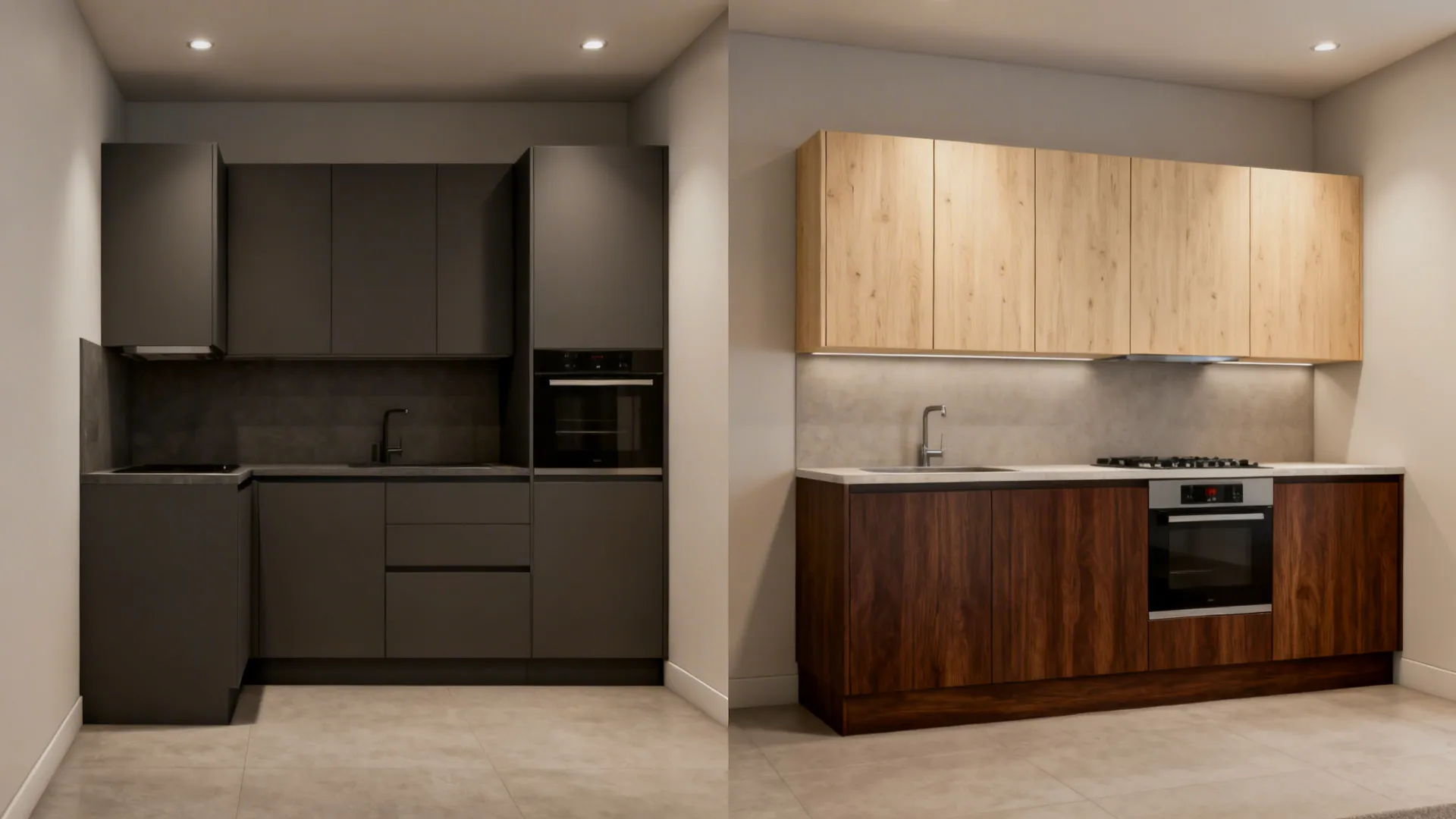 Split view comparing a heavy monotone kitchen with a brighter two-tone plywood scheme.