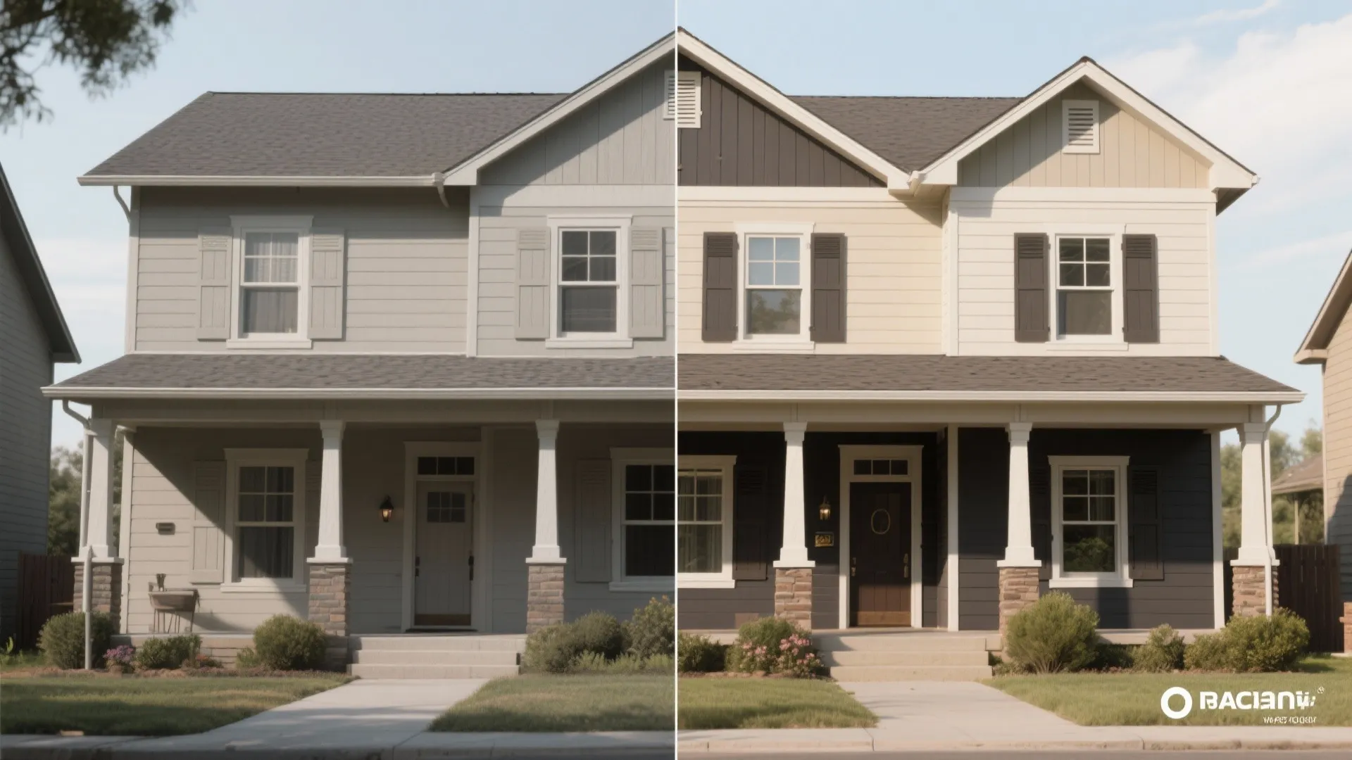 Before and after comparison showing light grey house siding updated to modern dark two-tone exterior look