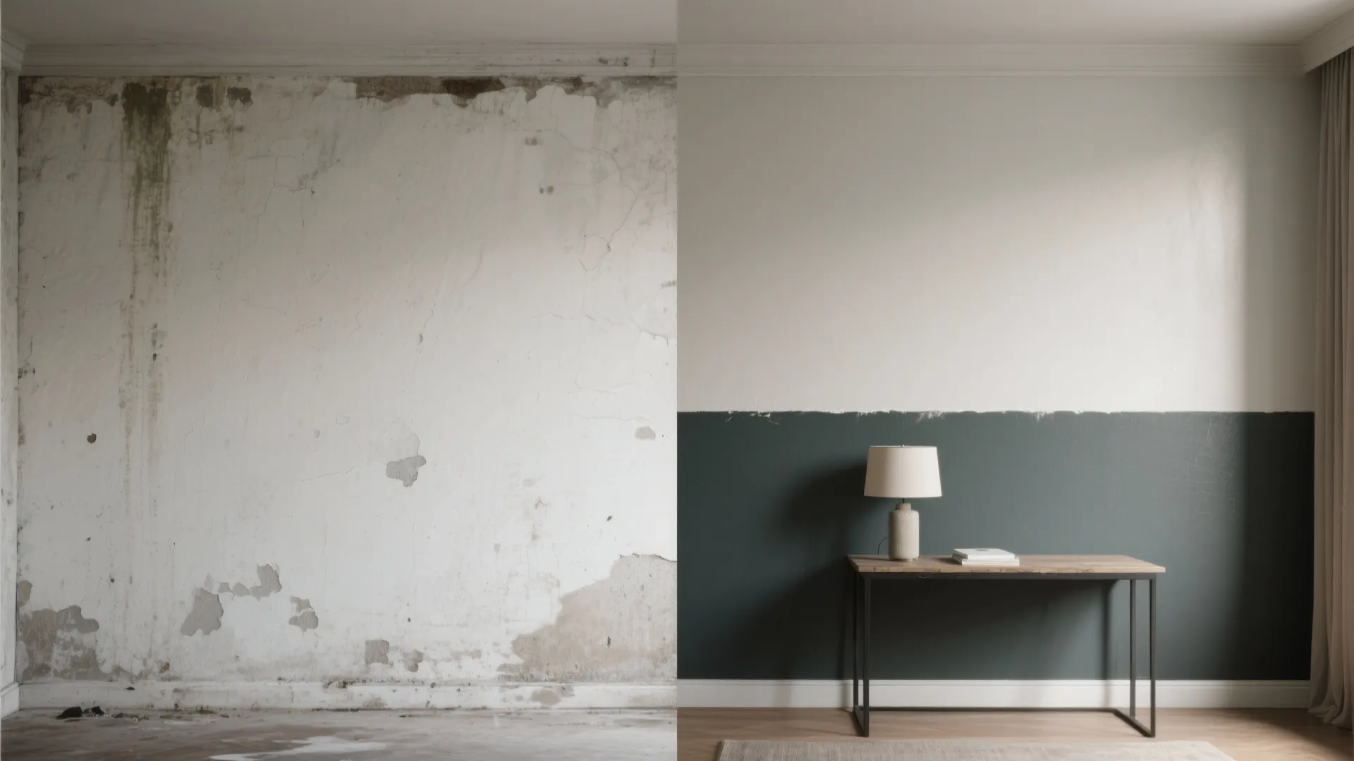 Before and after comparison of a damaged white wall and a neat green two-tone wall