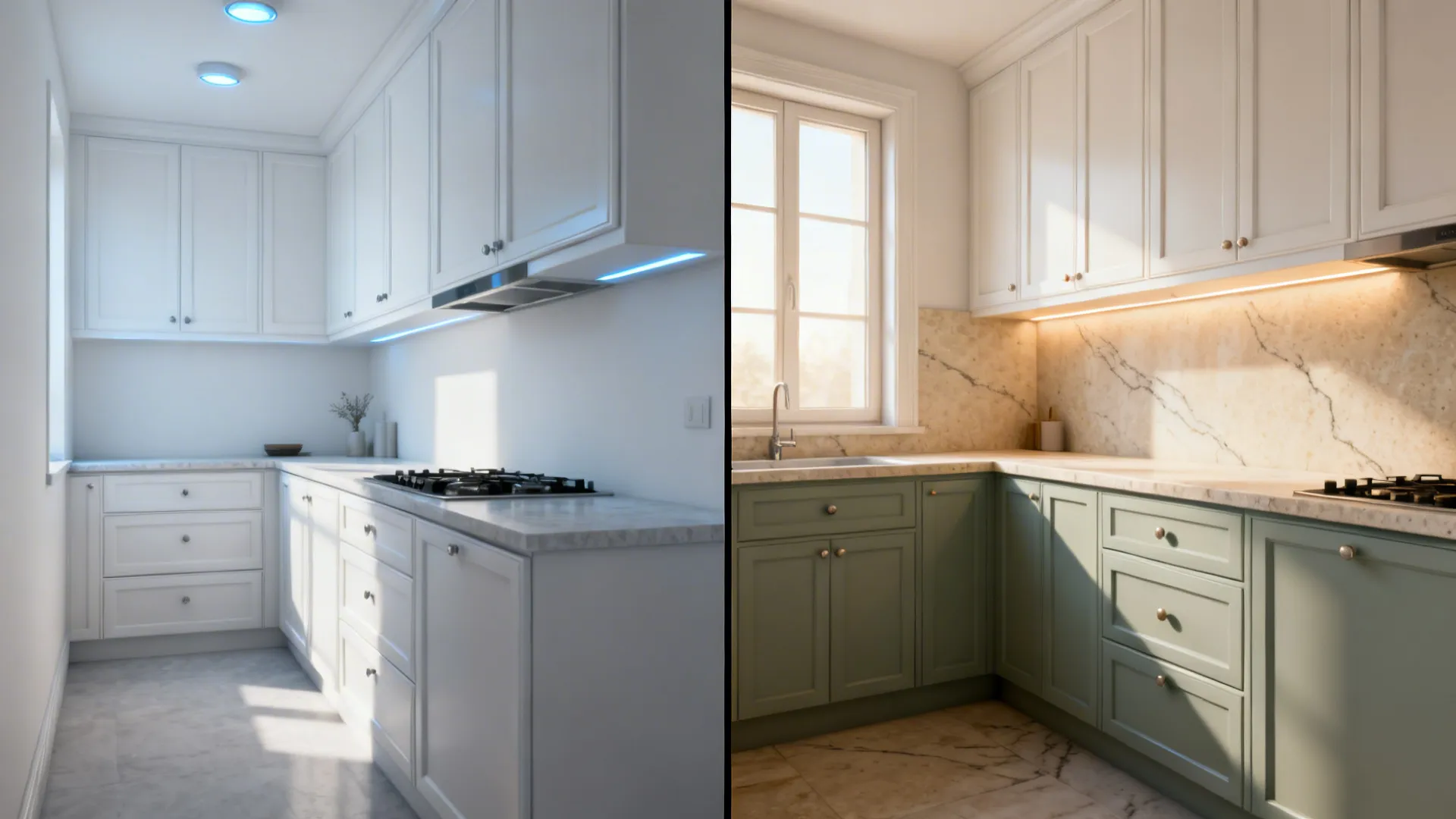 Before-and-after of a small kitchen switching from stark white to creamy white and pale green two-tone.