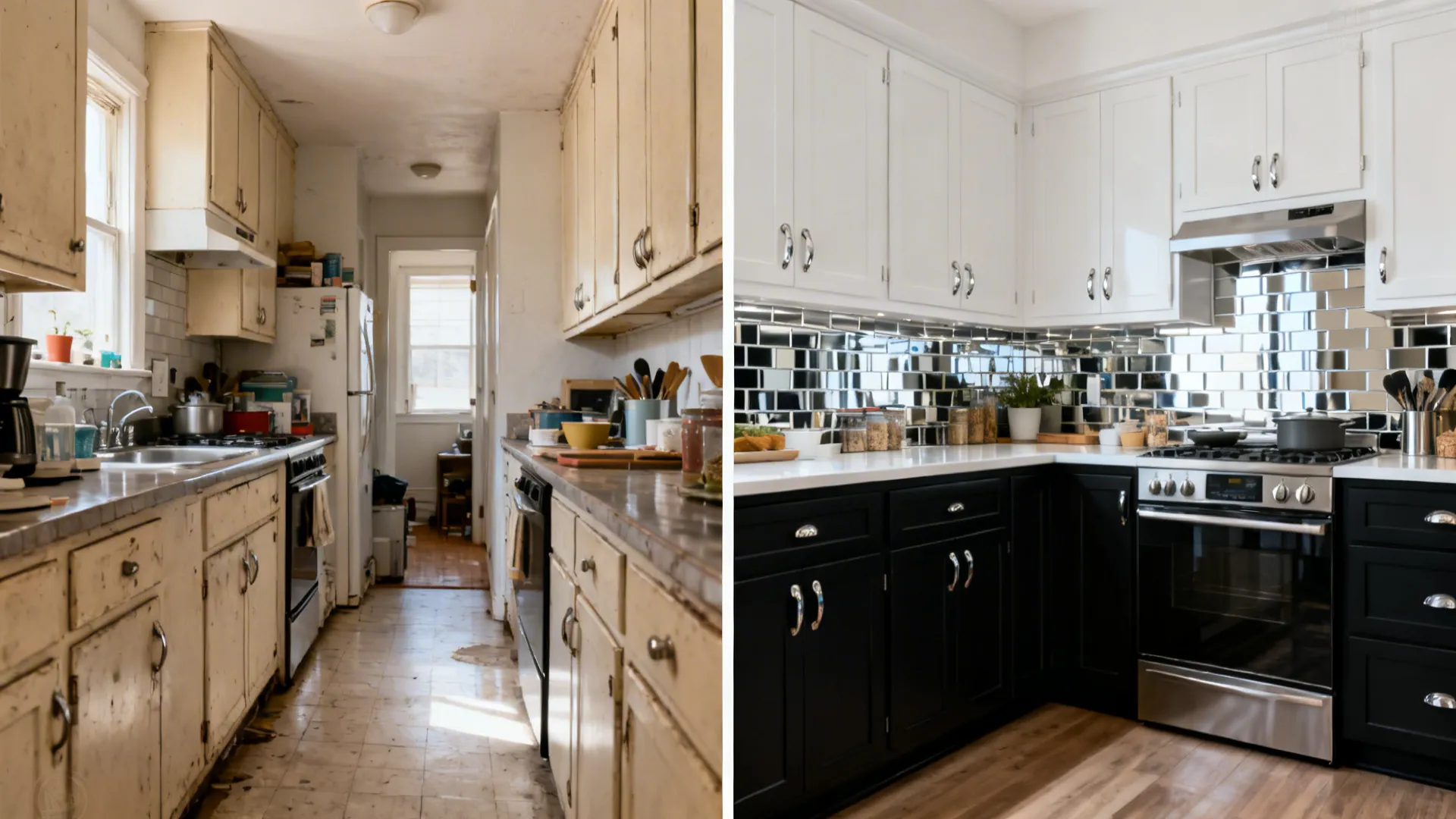 Before-and-after galley showing upgrade to black lowers and white uppers with reflective backsplash.