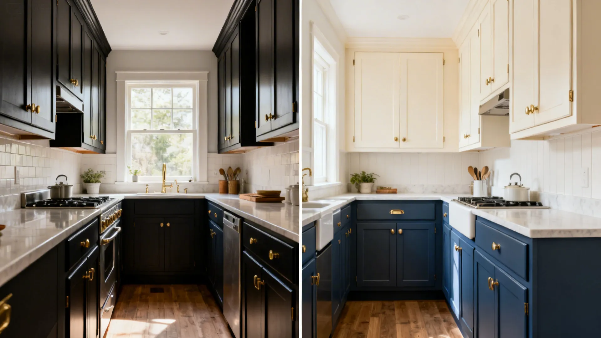 Before-and-after of a galley kitchen showing dark uppers replaced with light uppers over deep blue-gray lowers.
