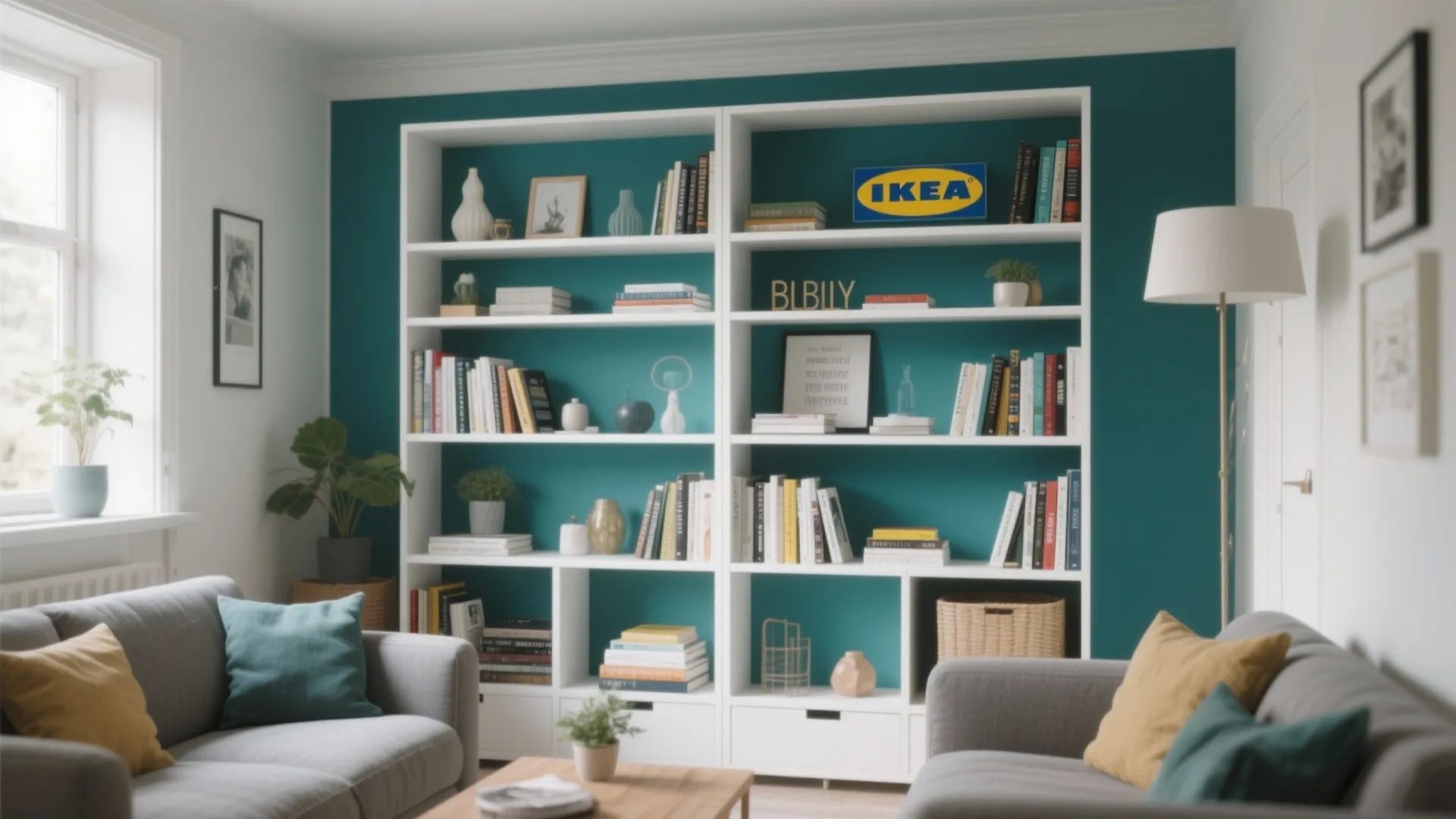 White Billy bookcase with deep teal interior backing in cozy living room
