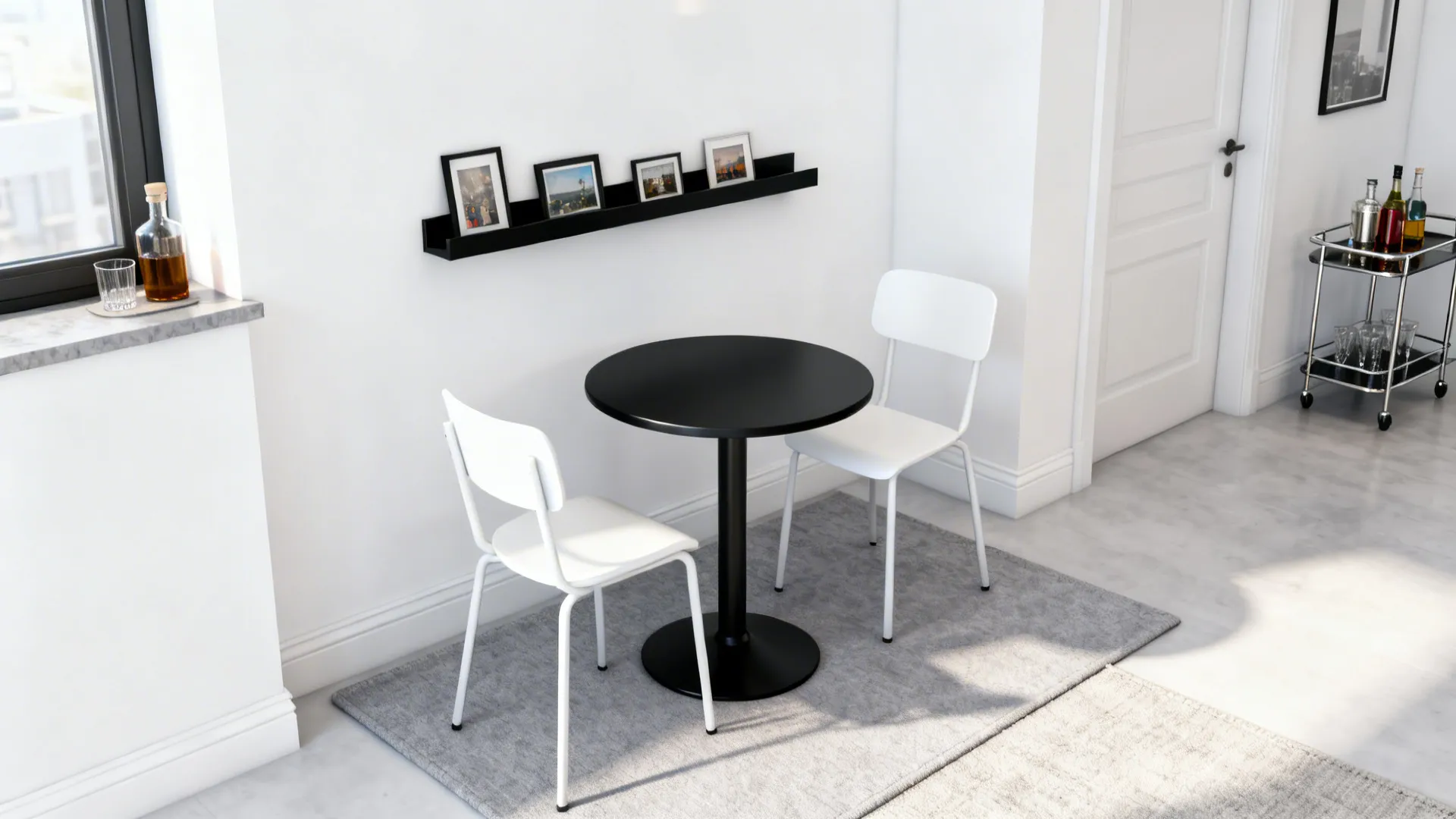 Minimalist dining area with a round black table, two white chairs, and a grey rug