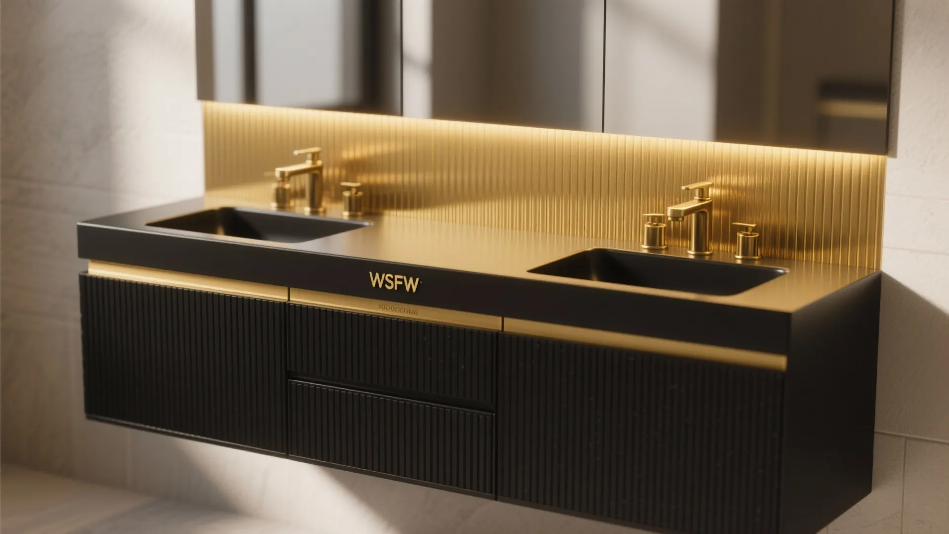 3. Two-tone vanity: black base, gold-accented sink area