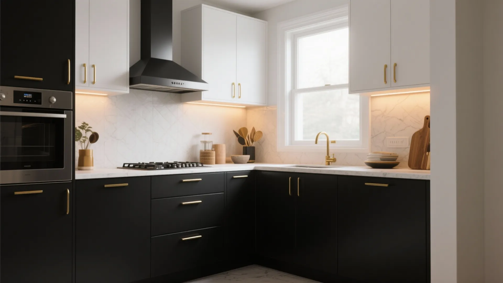 3. Two-tone layout: black base cabinets, white uppers, gold accents