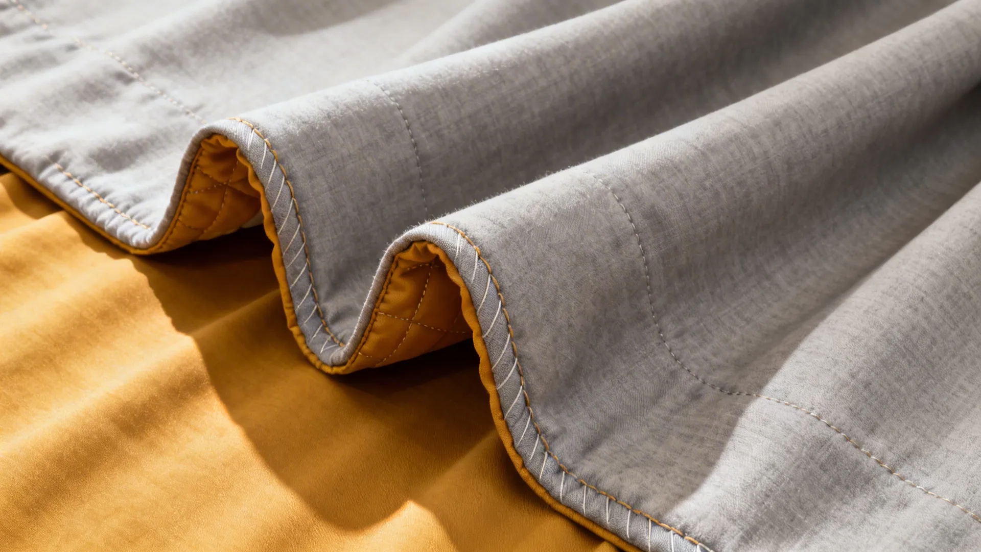 Close-up of dove-gray curtain revealing mustard blackout lining and neat stitching.