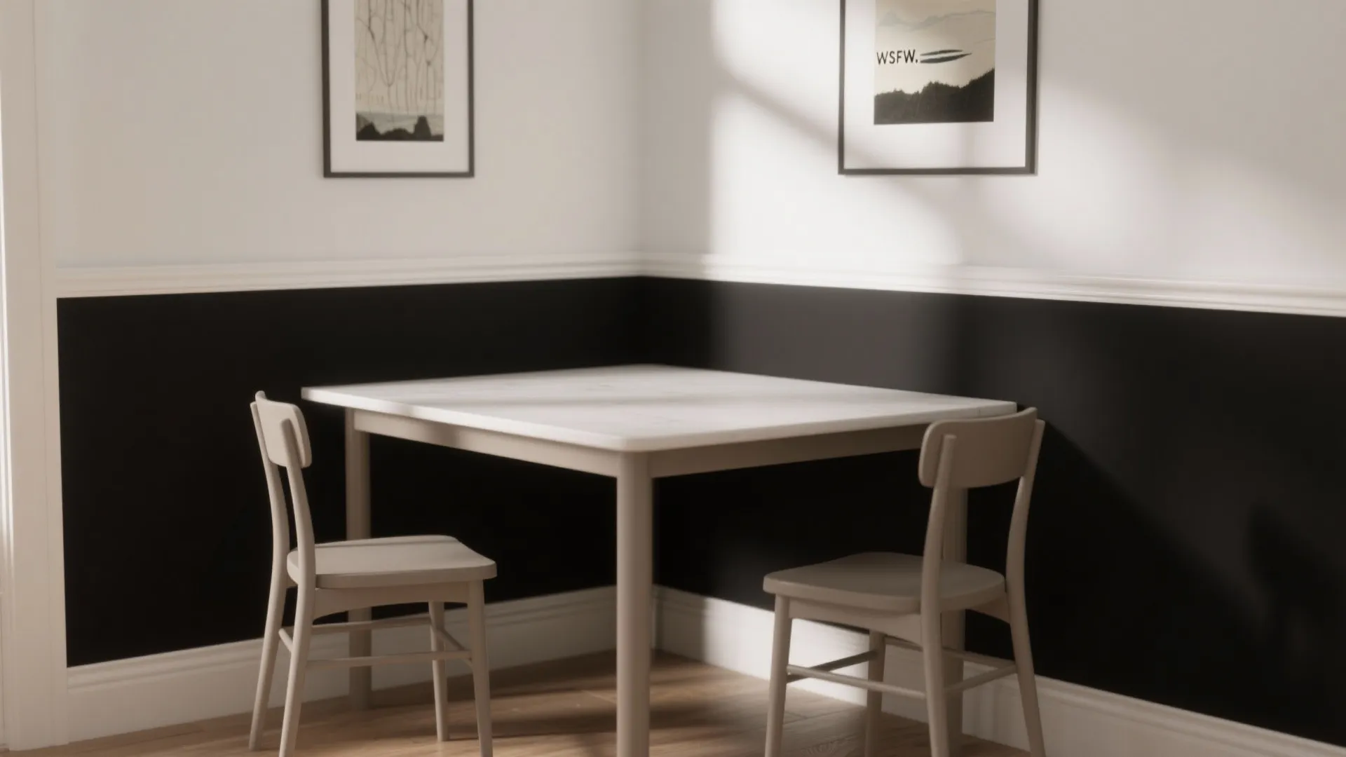 Small dining corner featuring a white table two chairs and black and white wall paint