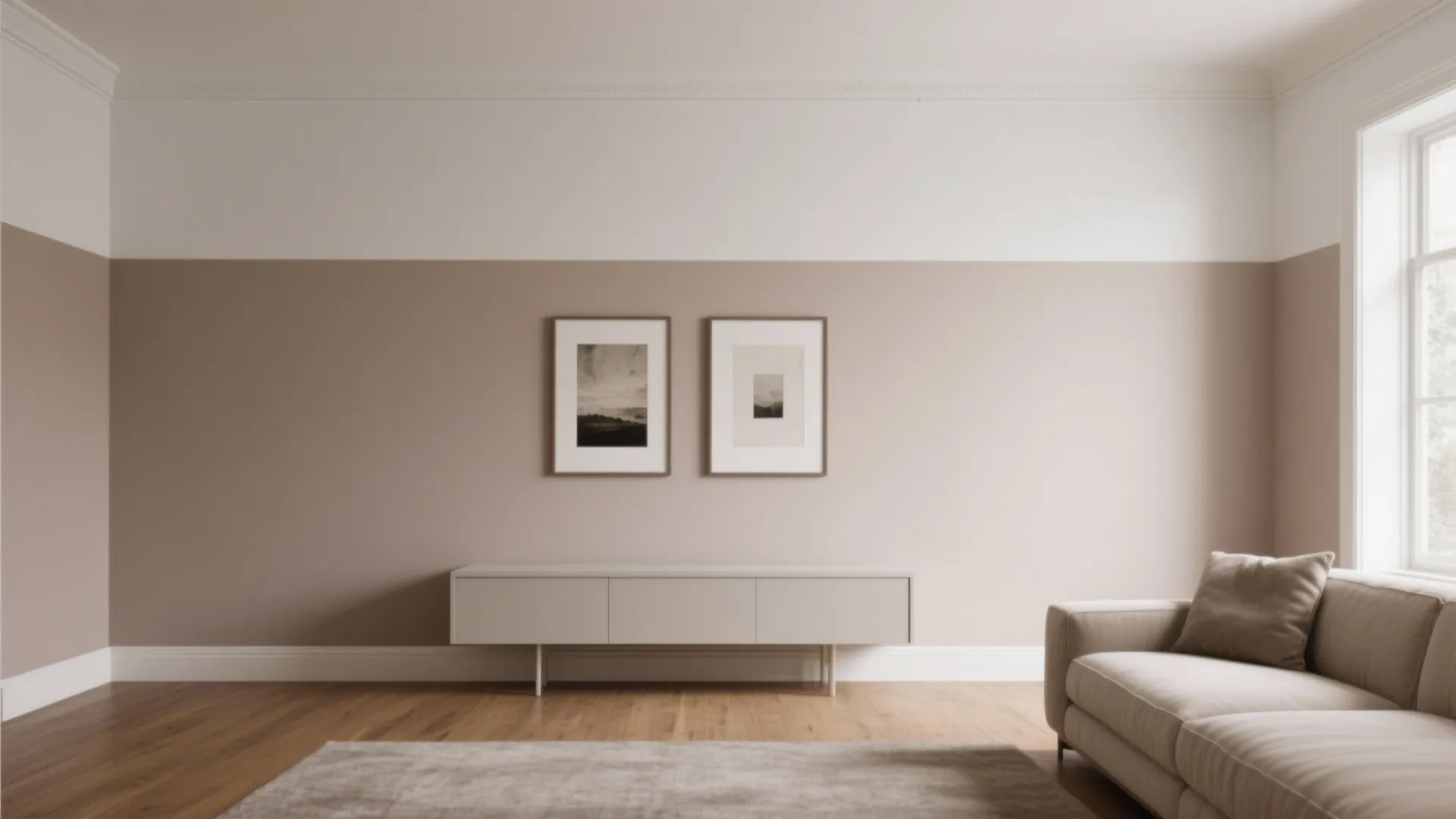 Minimalist living room with two tone beige walls a white cabinet wooden floor and sofa