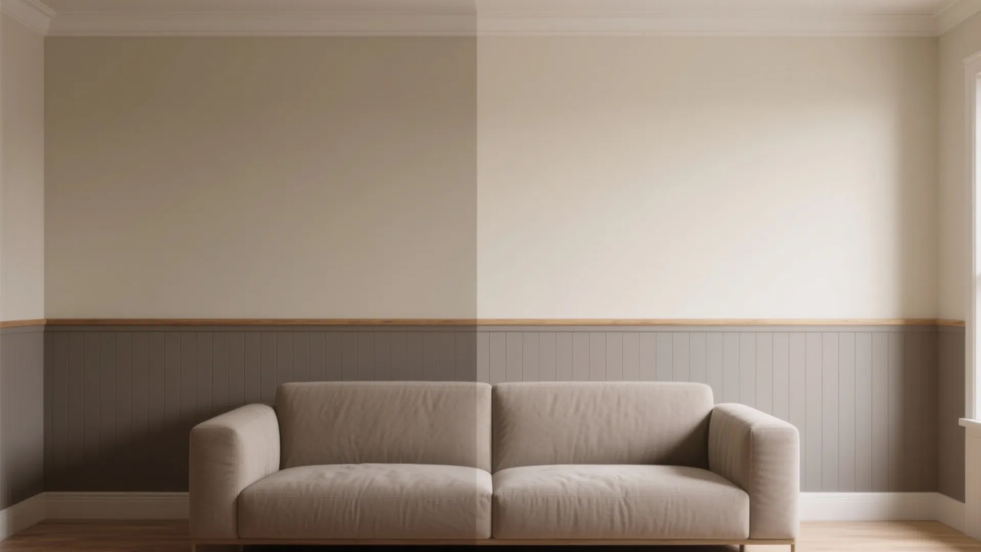 Living room with a beige sofa and grey wall panel decor under two different lights