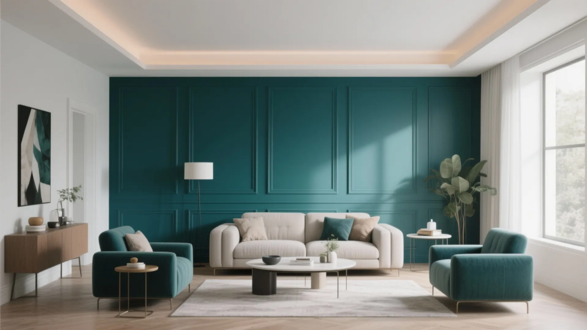 Contemporary living room with deep teal wainscoting and white upper walls