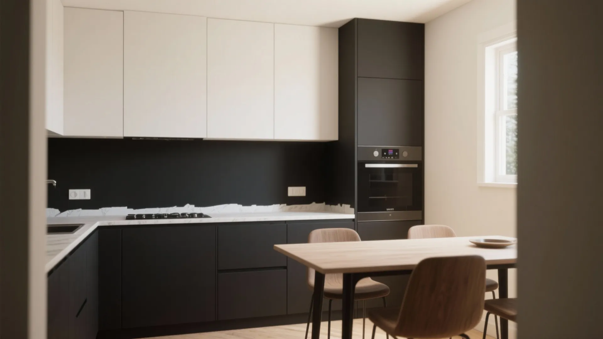Contemporary kitchen featuring black and white cabinets with wooden dining table chairs and a window view