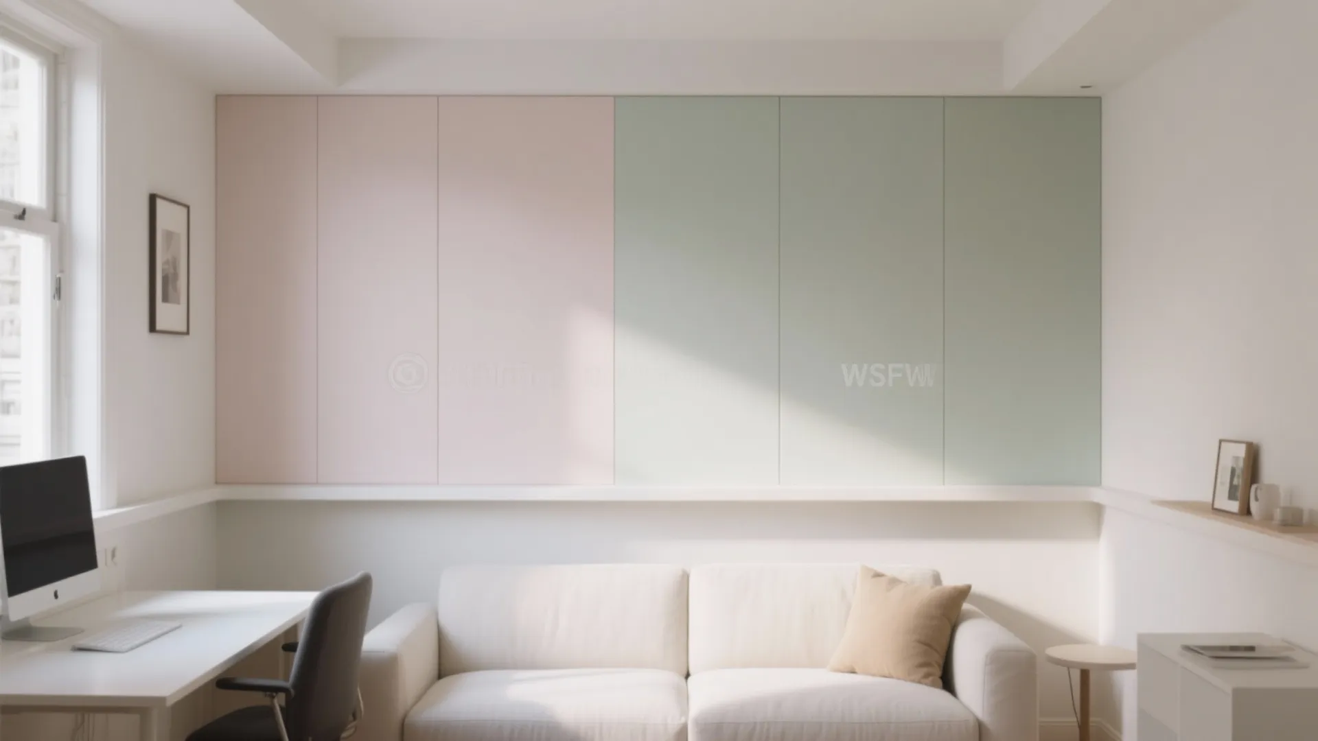 Modern home office with white sofa pink and green wall panels white desk and computer