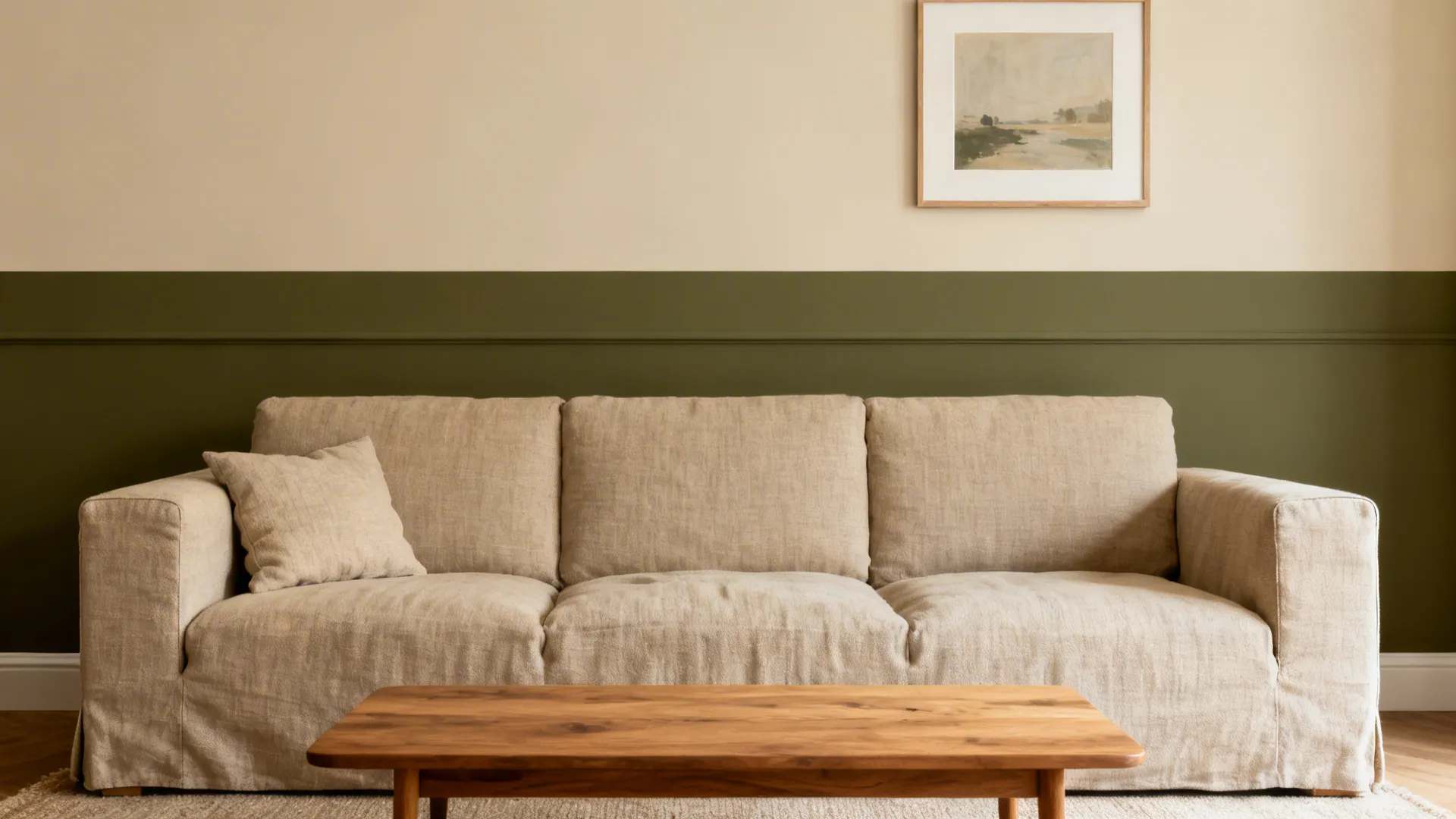 Living room with deep olive lower wall and soft beige upper wall split at chair-rail height.