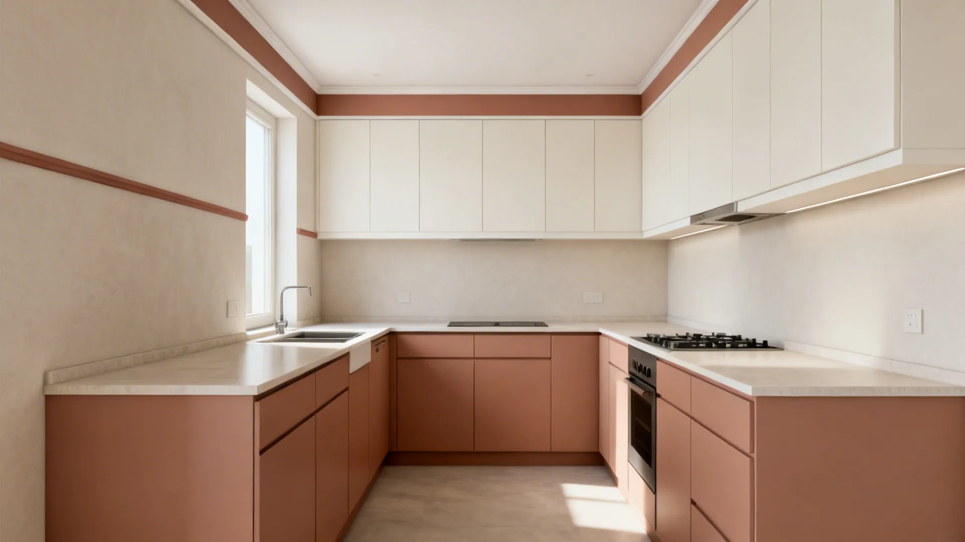 Before-and-after of a small kitchen transformed with two-tone cabinets and a color-blocked wall stripe.
