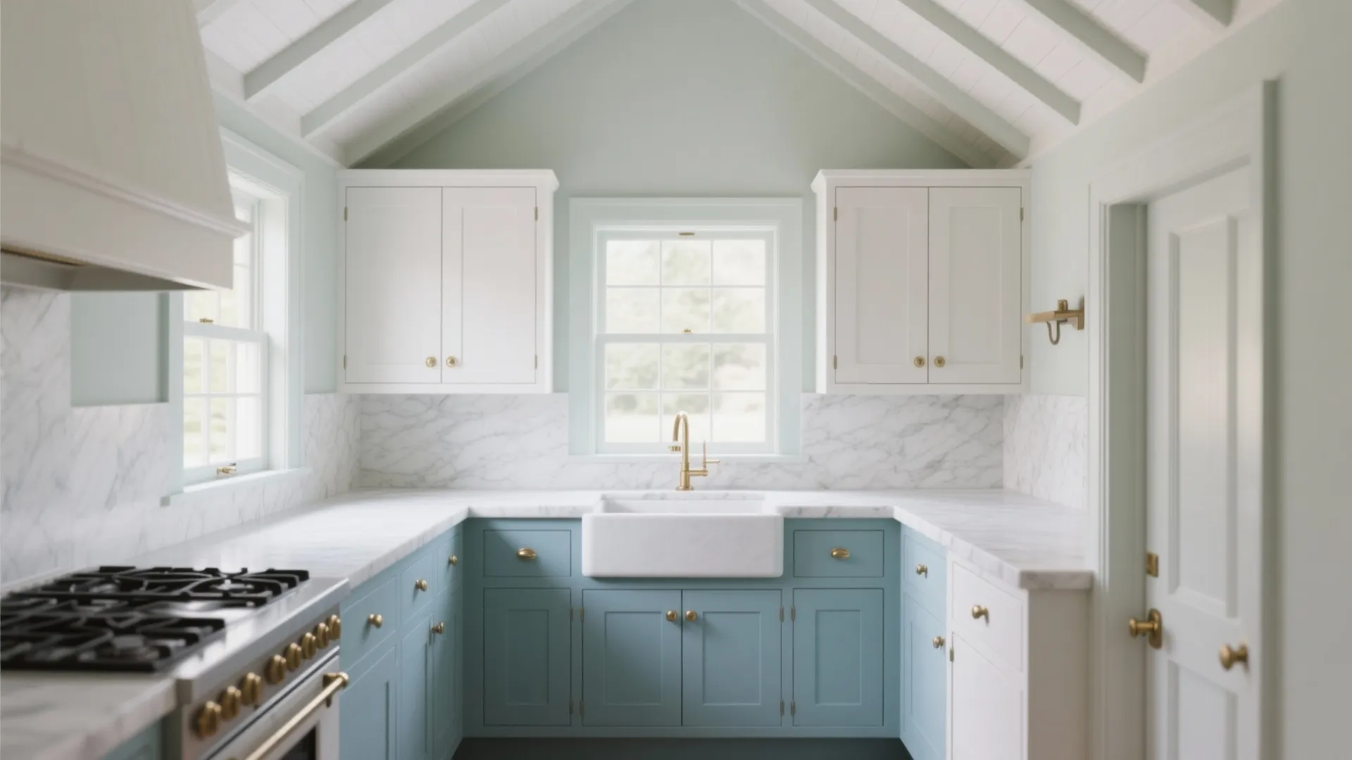 Cottage kitchen with duck-egg blue lower cabinets and white upper cabinets creating a lifted feel.