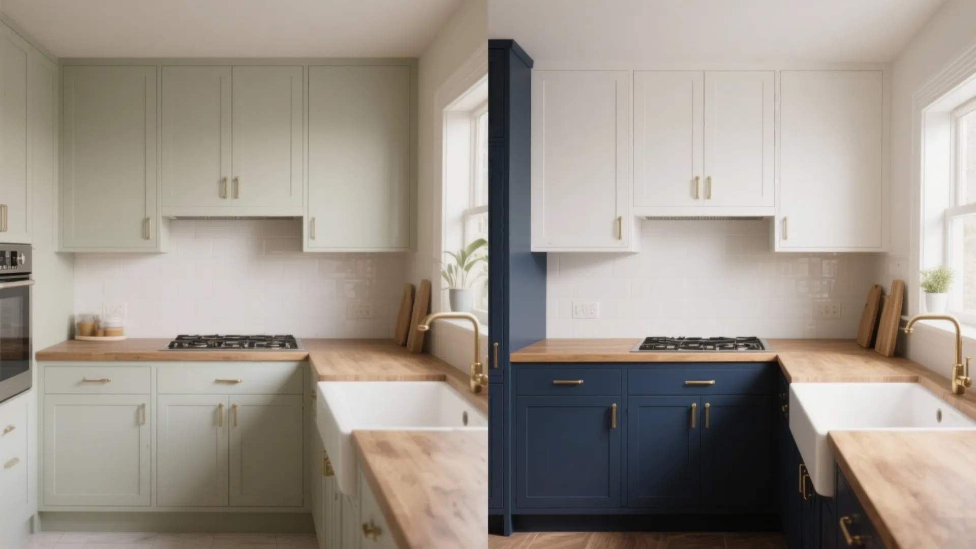 Before and after comparison showing kitchen cabinets changing from light green to dark navy blue