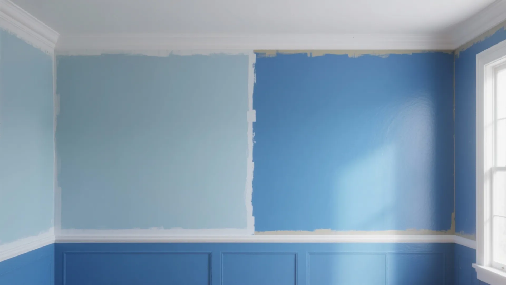 Light and dark blue paint samples on a white wall with blue wall panel details