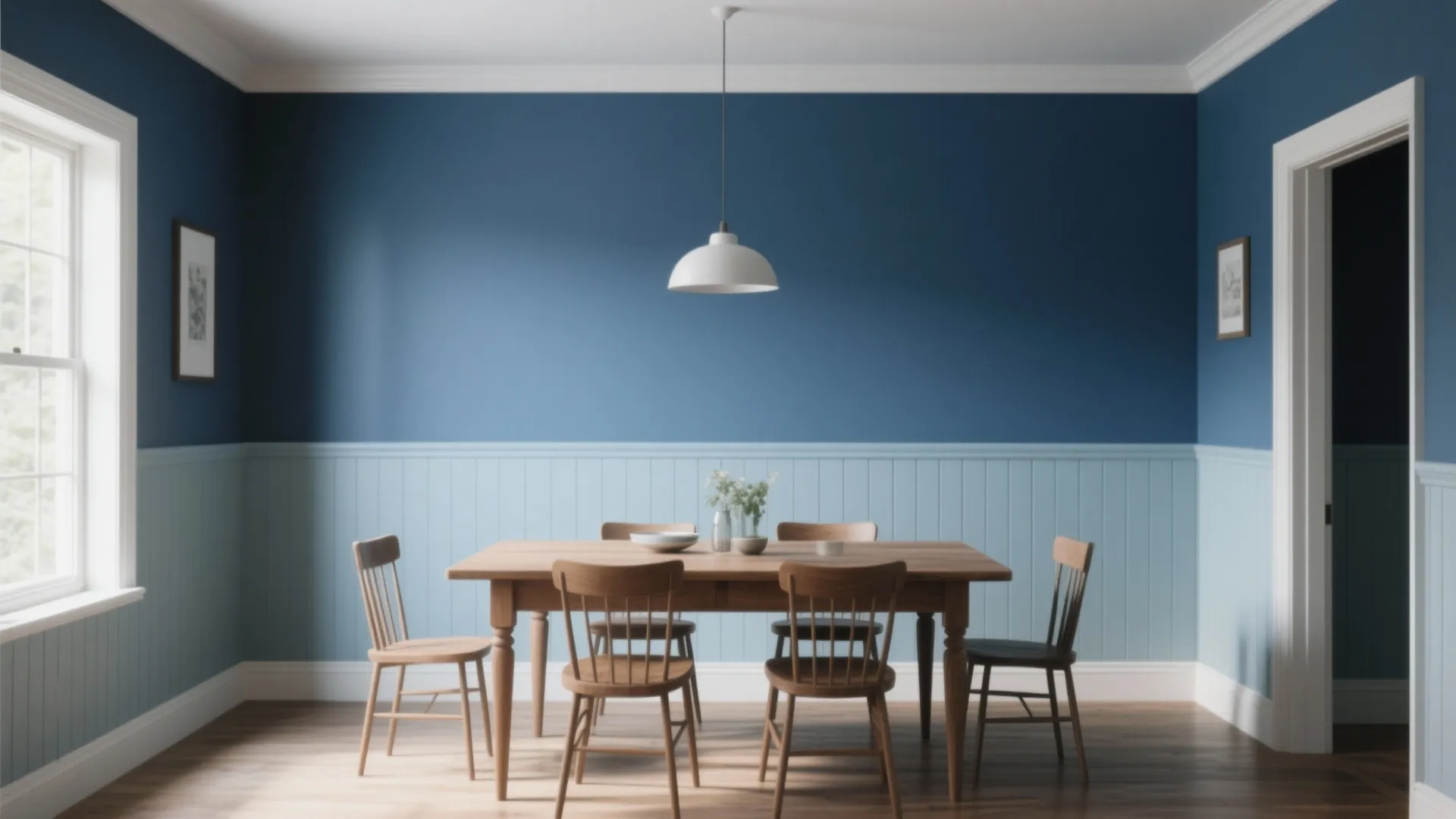 Dining area with blue walls light blue wall panels wooden table chairs and white ceiling light