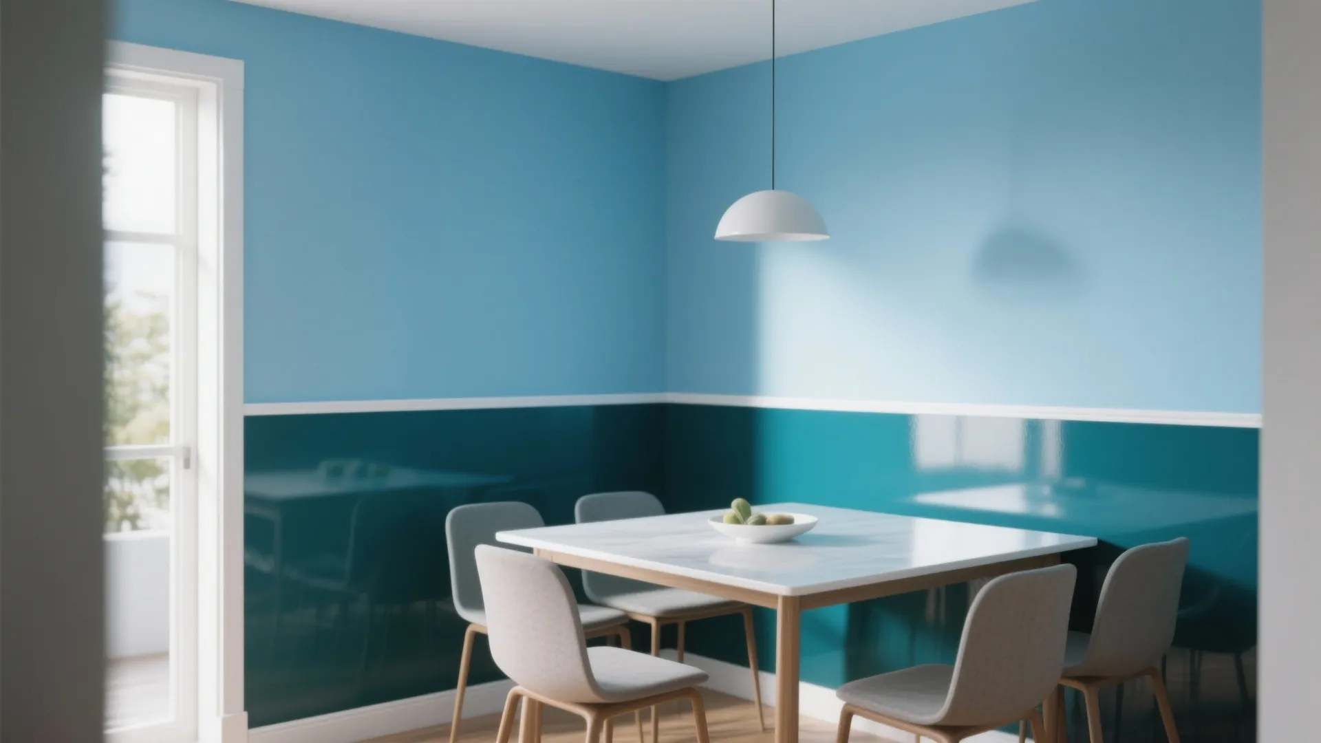 Dining room with blue two-tone walls white marble table grey chairs and a white ceiling light