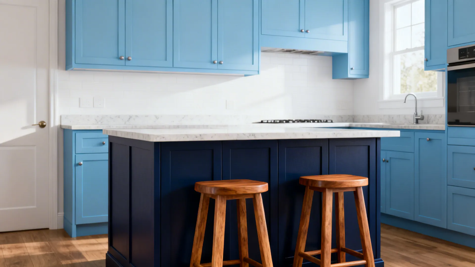 Blue kitchen island with wooden stools plus light blue cabinets and white marble countertops window