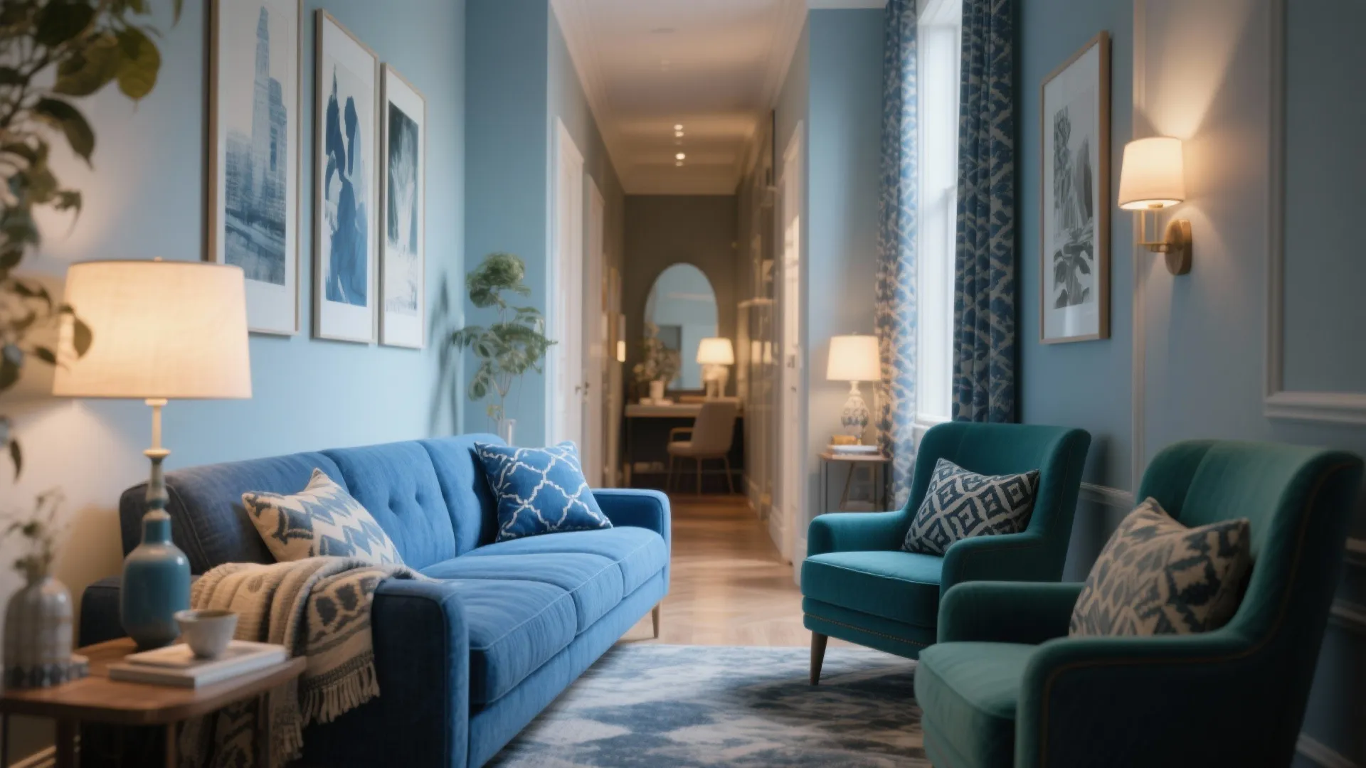 3. Two-tone blue set with contrasting cushions