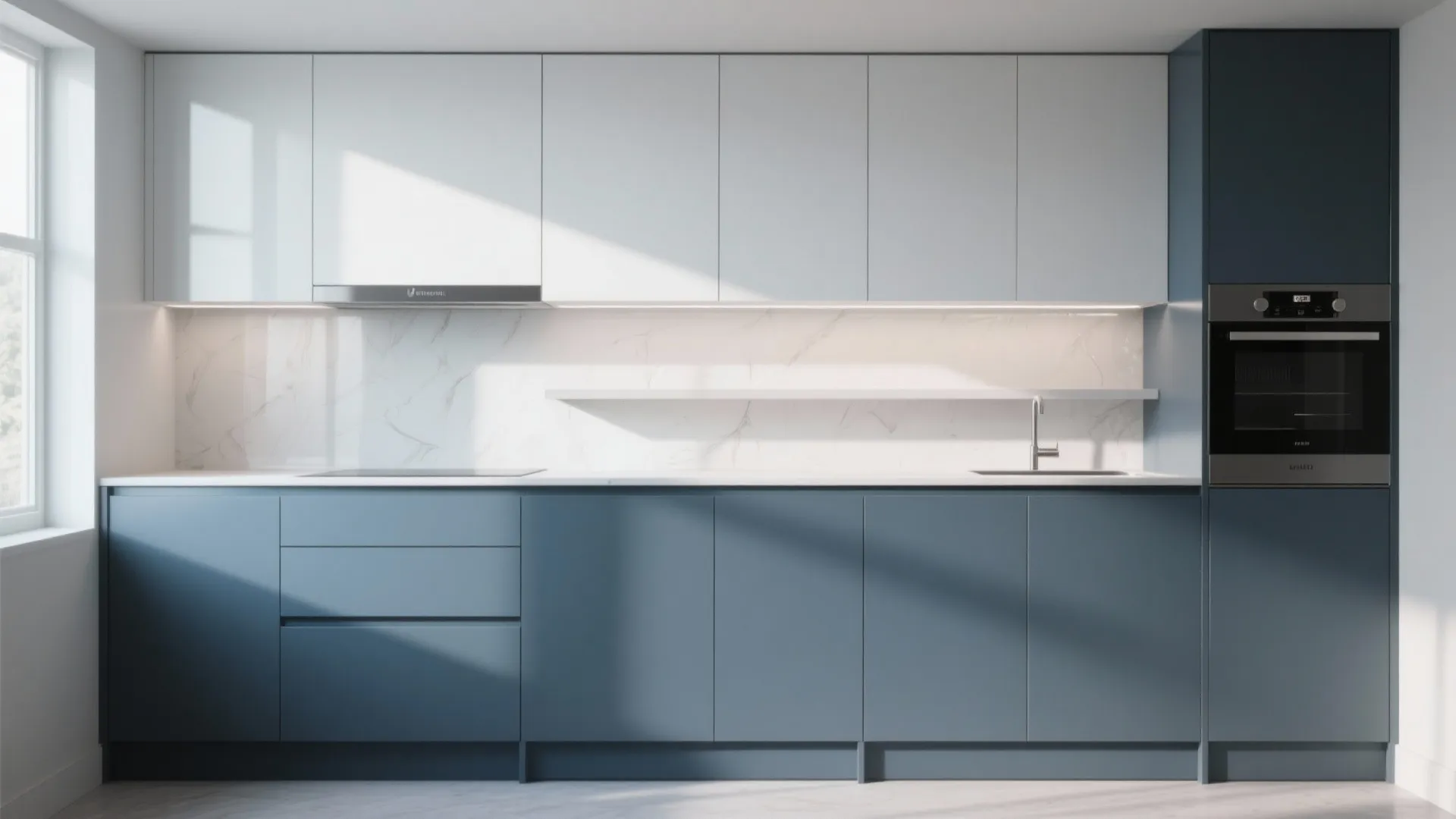 Modern kitchen featuring blue lower cabinets white upper cabinets marble backsplash and a built-in oven