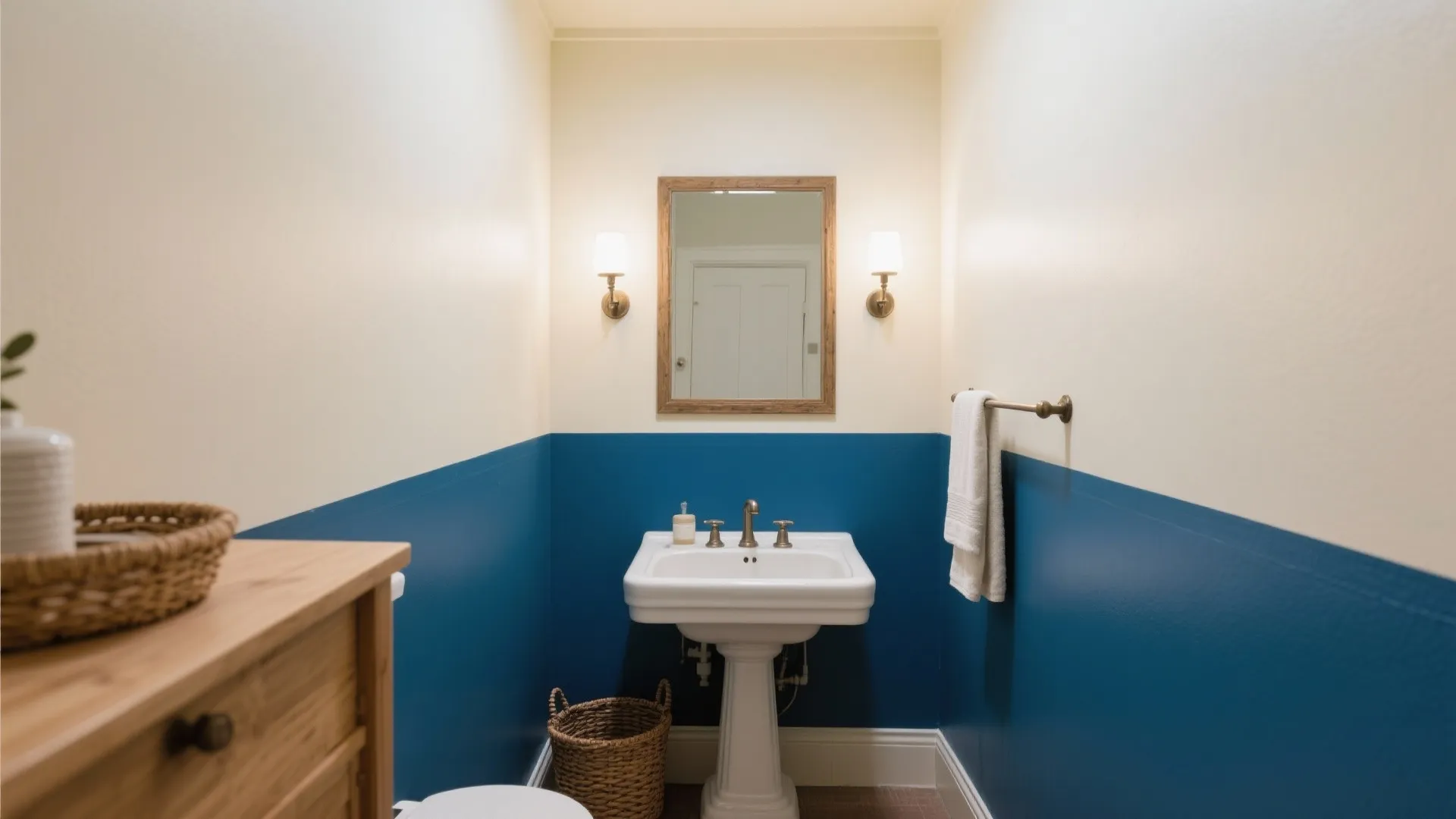 4) Two-Tone Walls: Deep Blue Below, Soft White Above