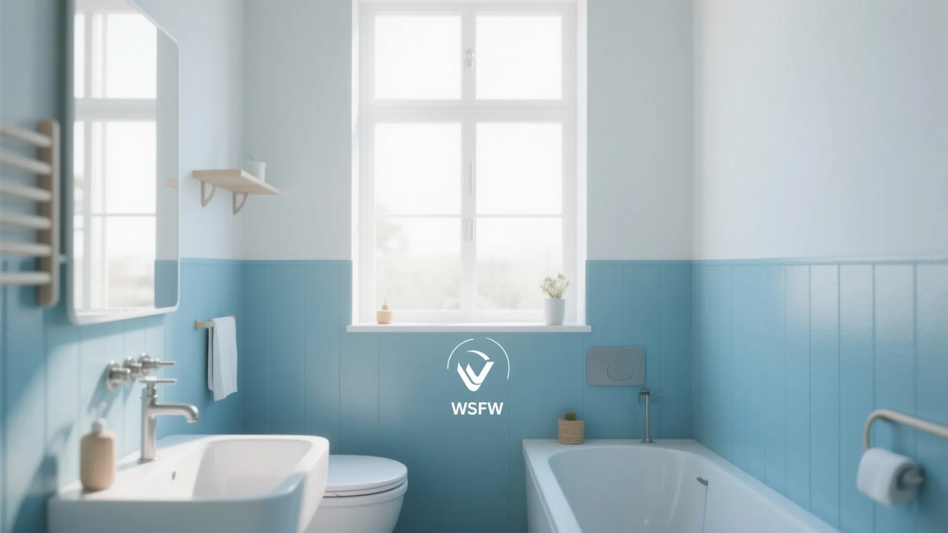 Bright bathroom with light blue wall panel white walls bathtub toilet sink and a large window