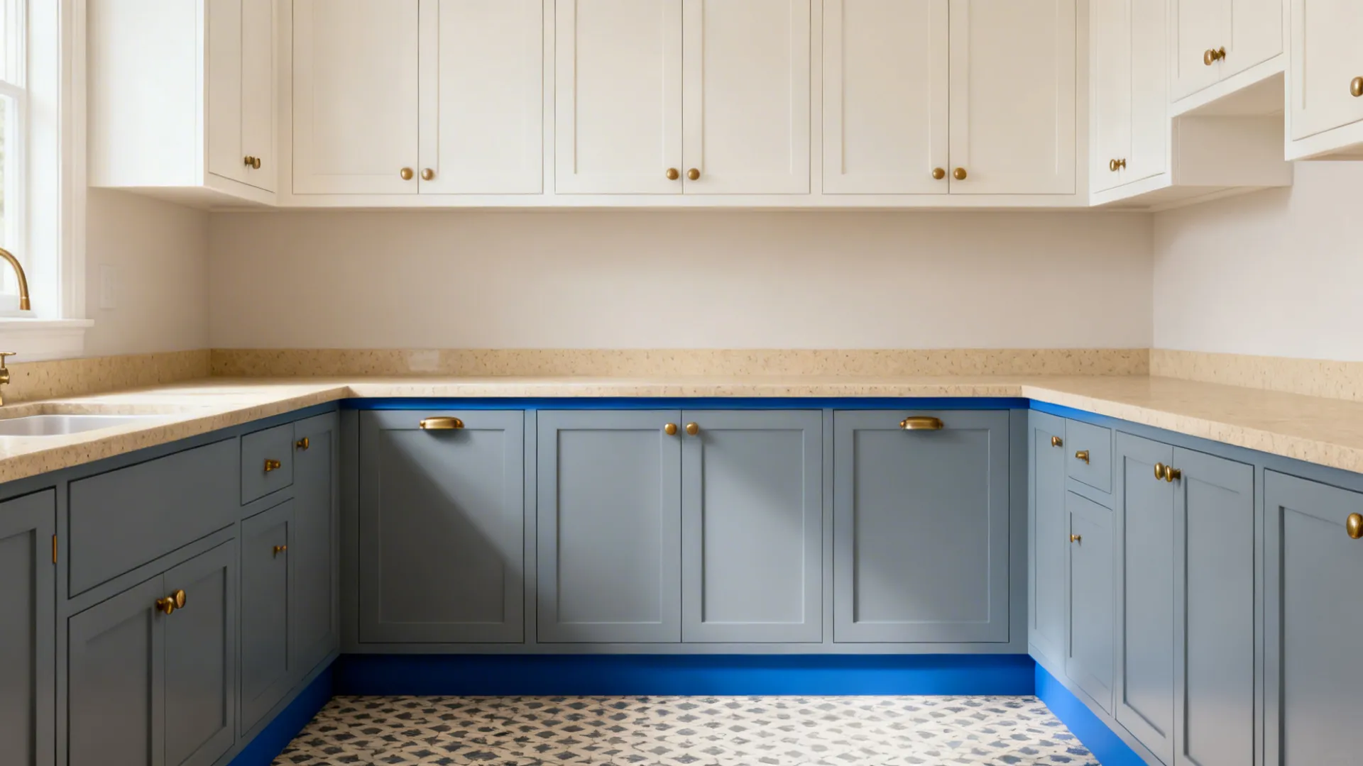 Small U-shaped kitchen with muted blue lower cabinets and warm white uppers aligned at the countertop.