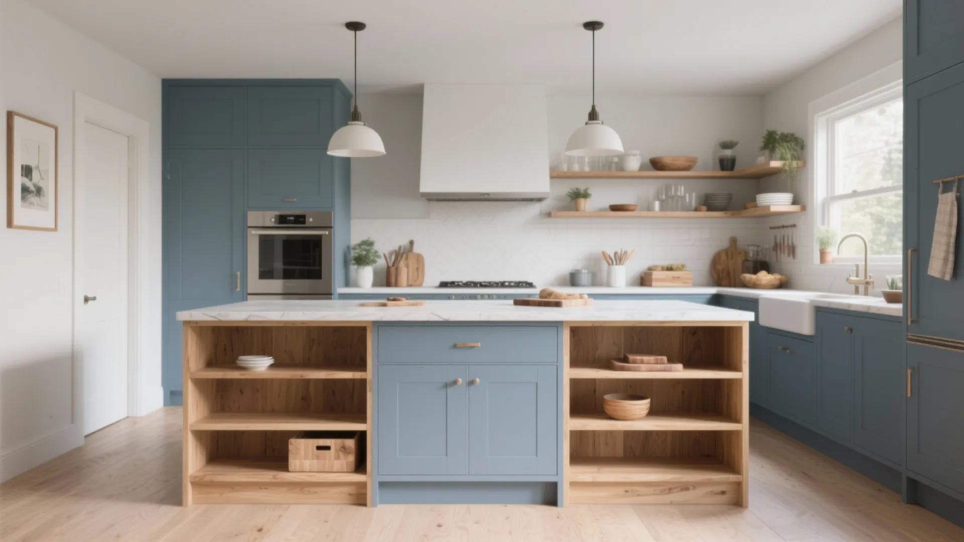 2. Two-Tone Island: Blue-Grey Base with Light Wood Accents