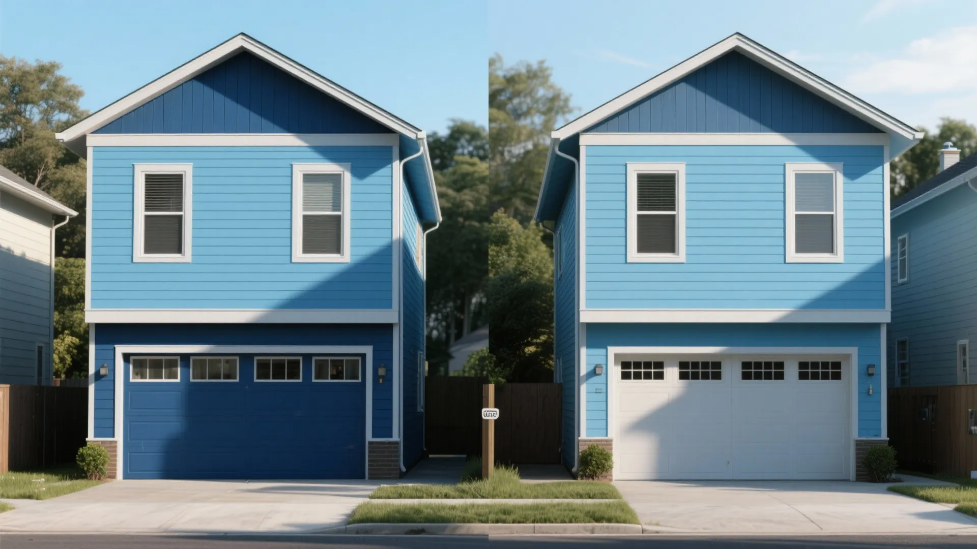 Side by side comparison of two blue houses showing a dark blue versus white garage
