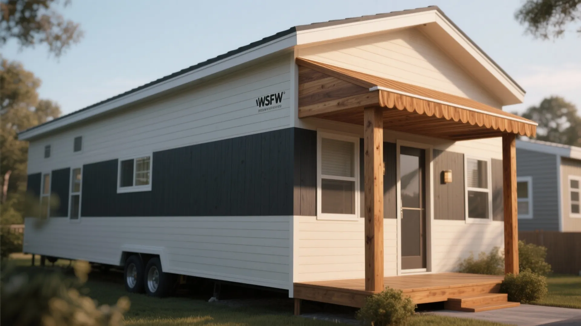 Two-tone mobile home with dark lower third, light upper body and natural wood accents lifting the roofline.