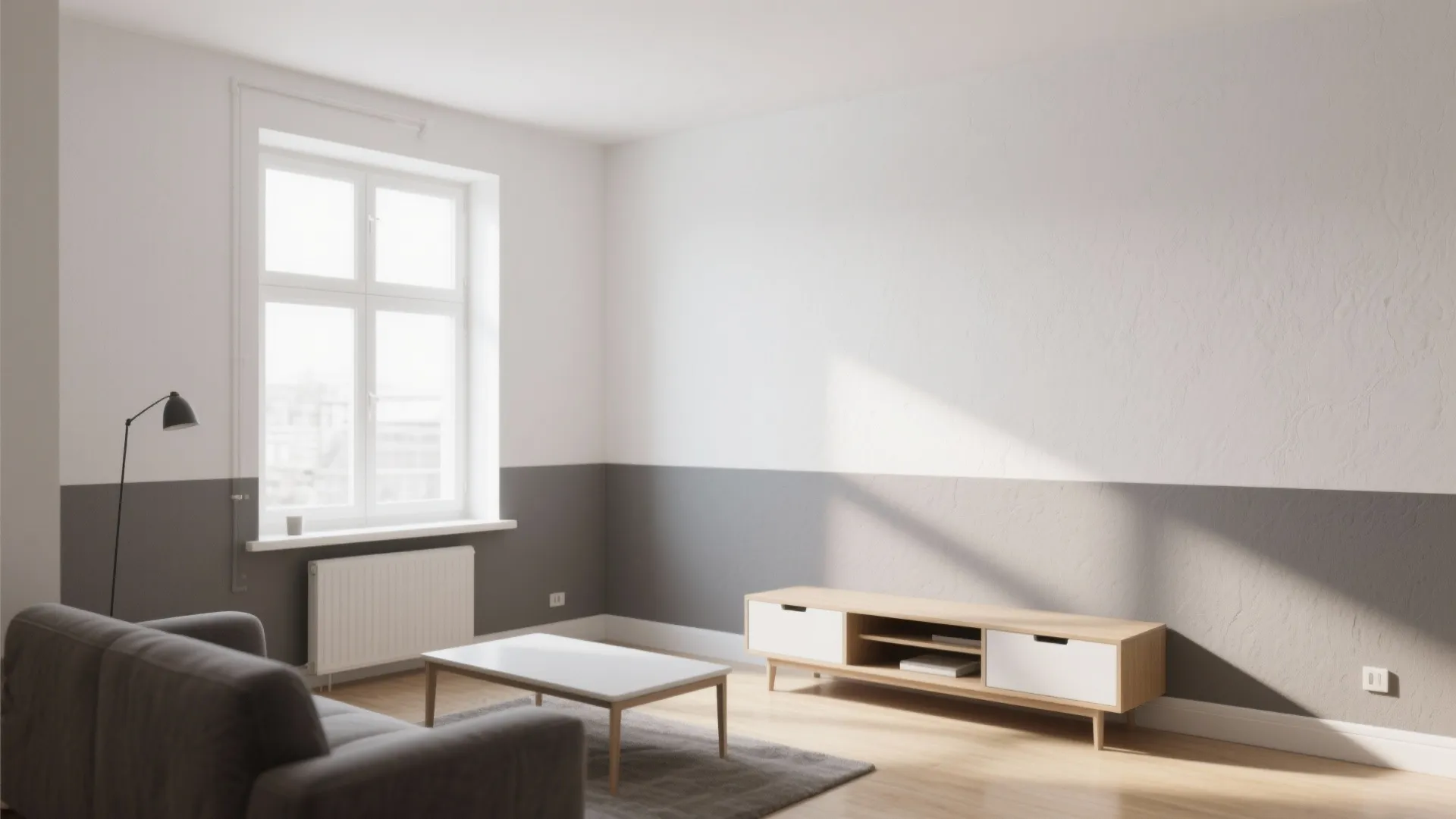 Minimalist living room with grey and white painted walls featuring a wooden cabinet and sofa