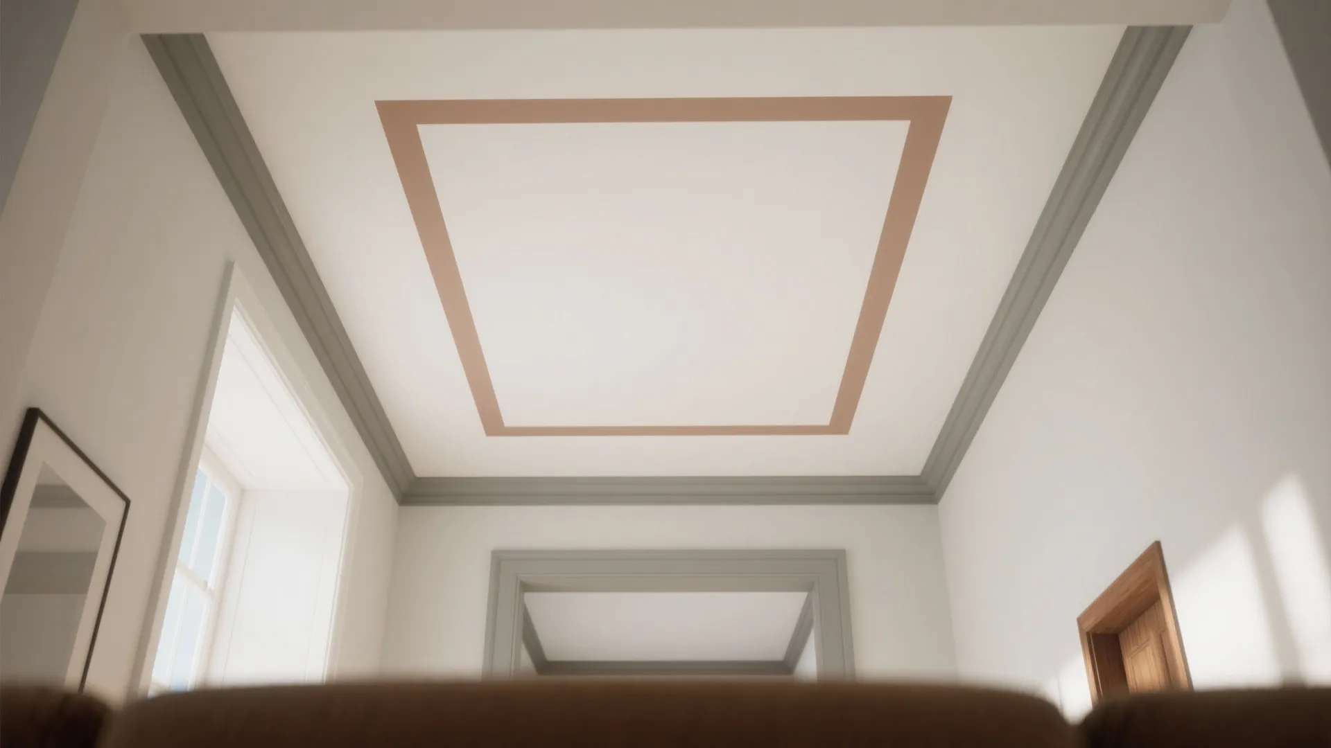 Modern white room ceiling featuring a decorative brown square frame and grey crown wall panels