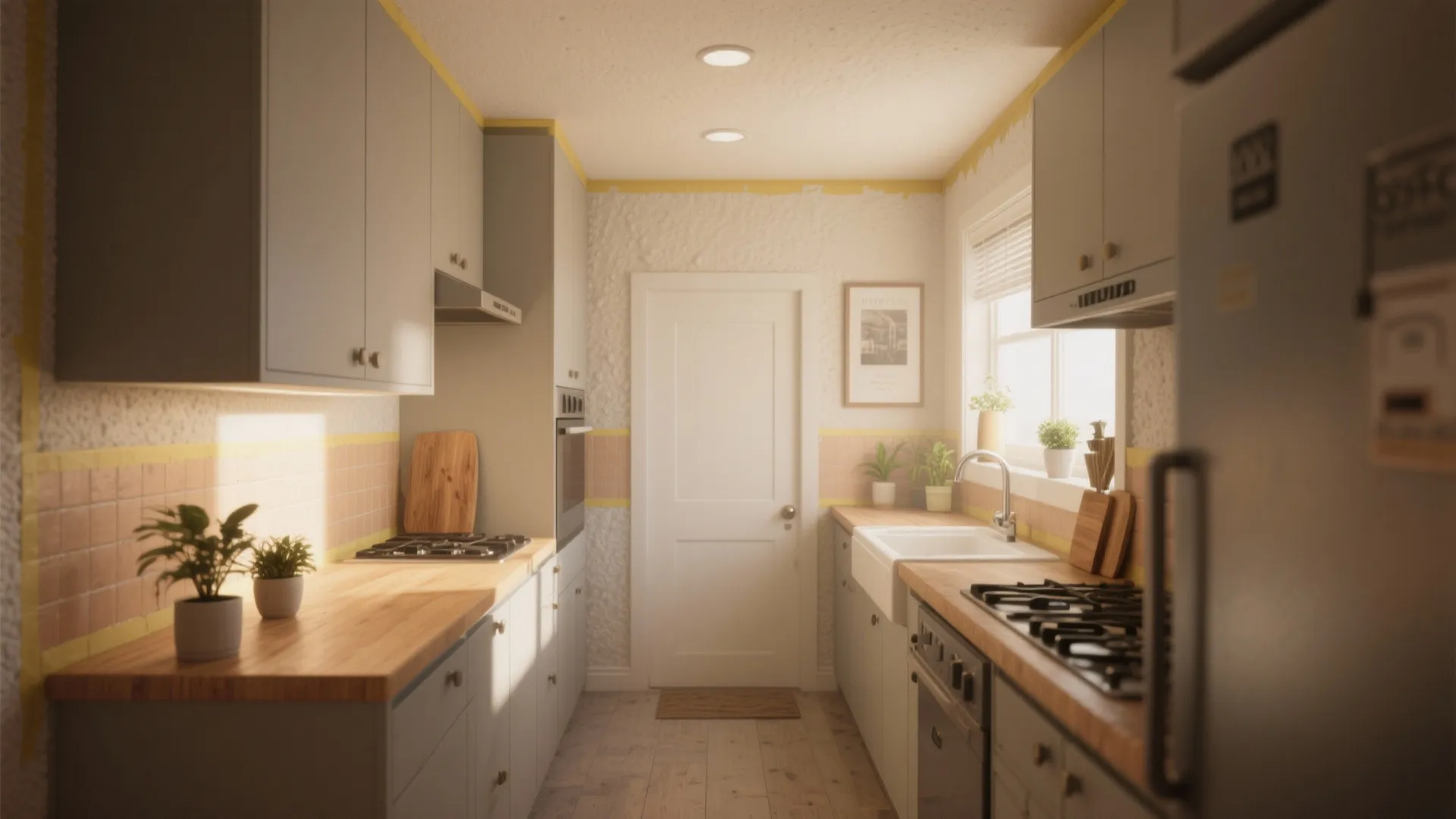 Small galley kitchen with grey cabinets wooden countertops white door tiled walls and bright natural light