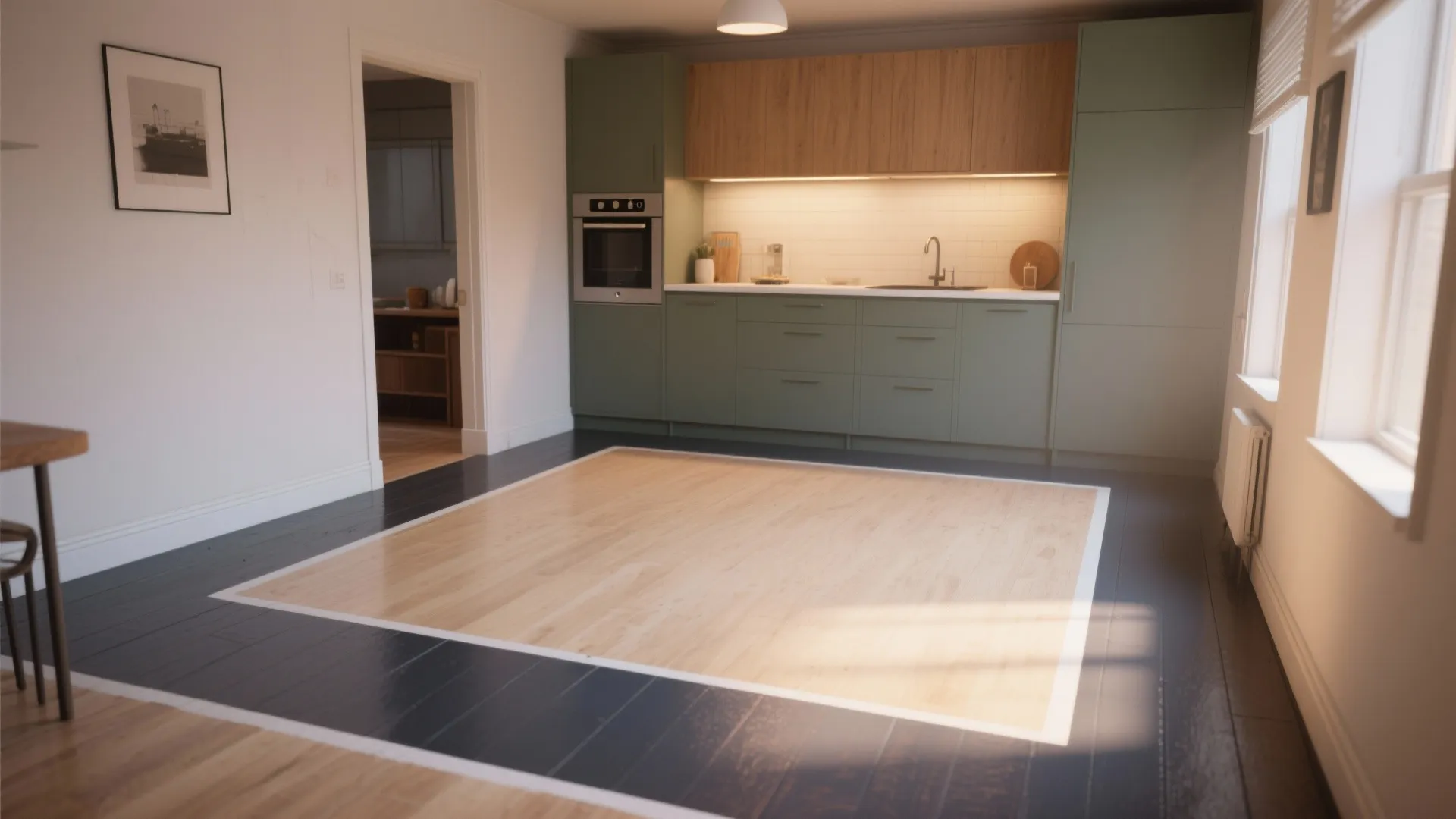 Modern green kitchen with light wood floor center surrounded by dark wood floor border design