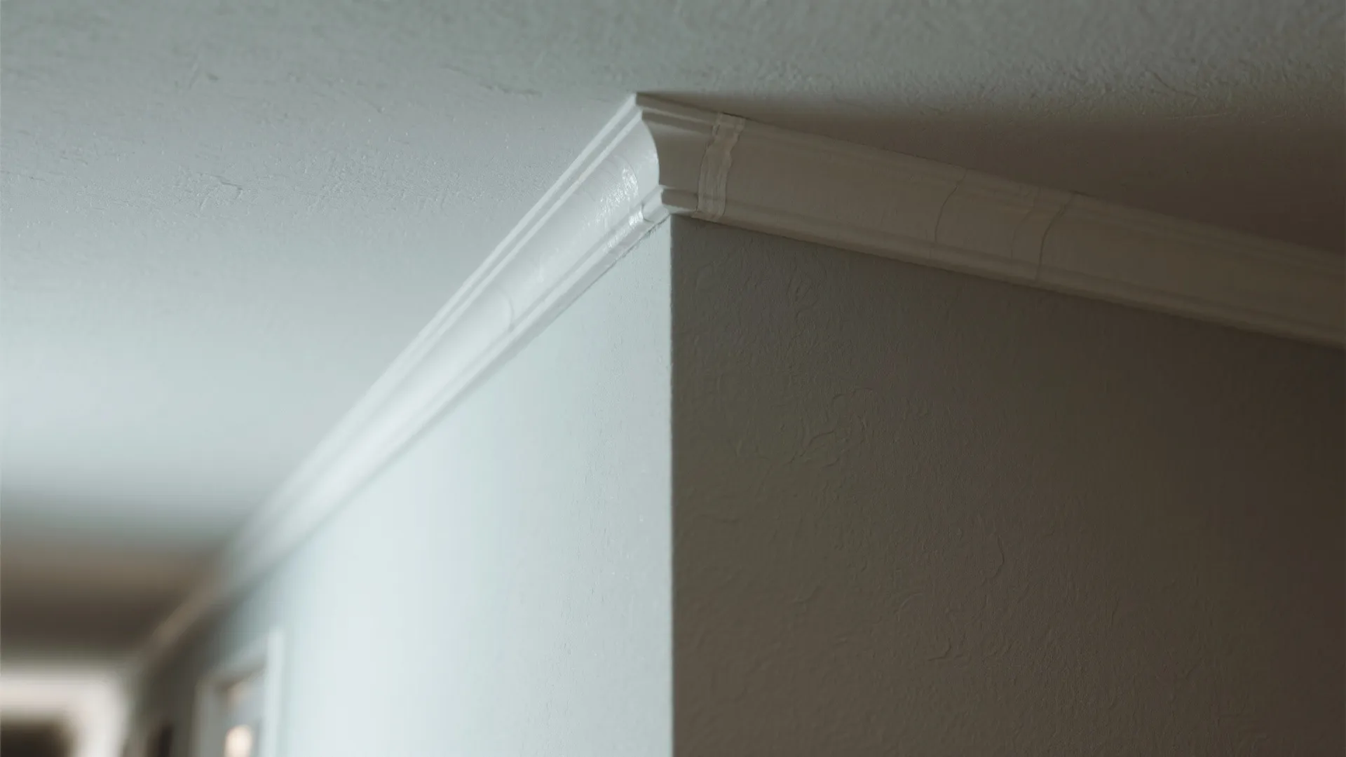 Close up of white wall panel molding along the ceiling corner in a modern room